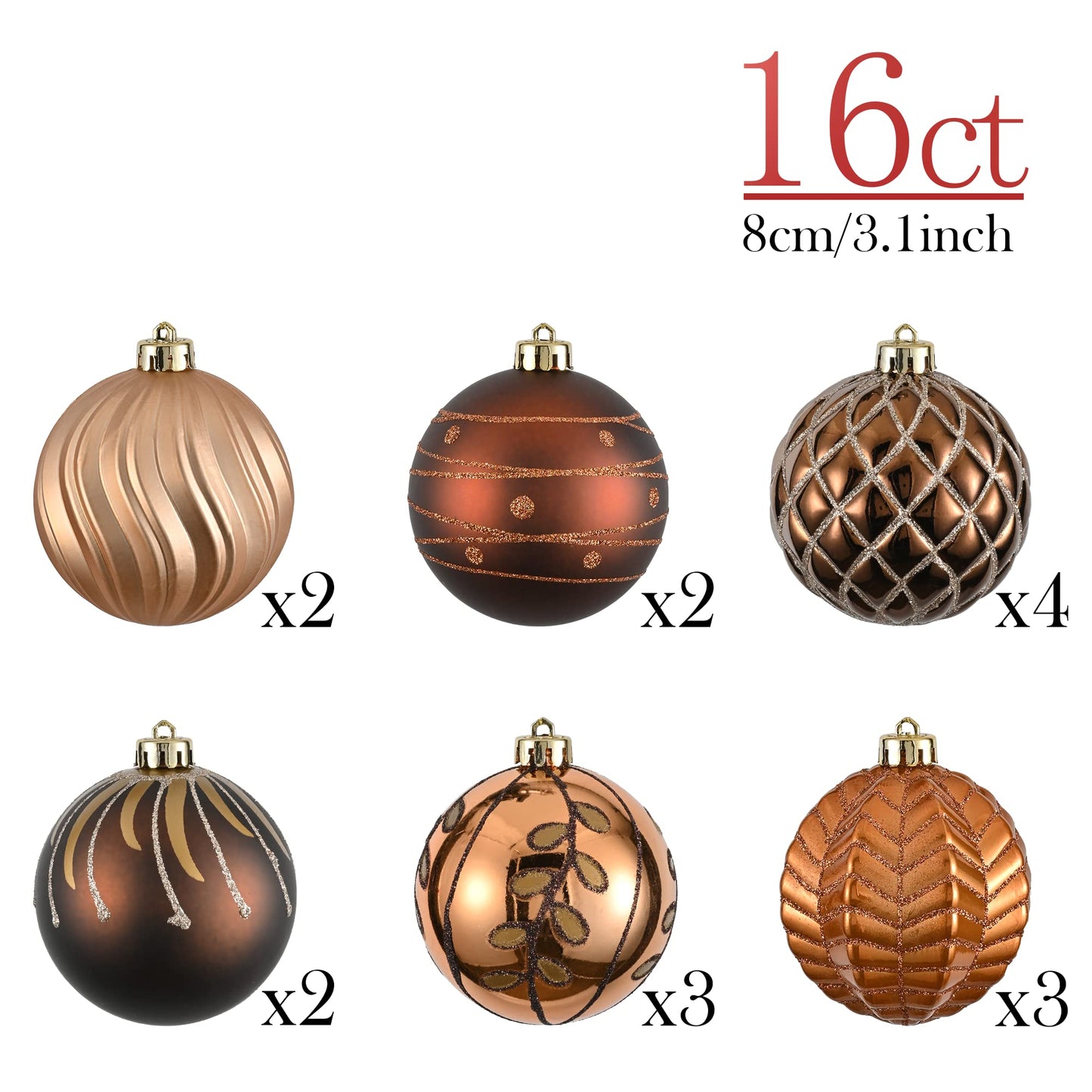 Valery Madelyn Luxurious Copper Gold Christmas Ball Ornaments, Shatterproof Christmas Tree Ornaments for Xmas Decoration (2 Items Bundle