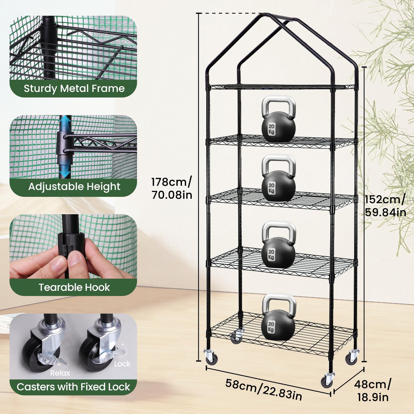 DazSpirit Mini Indoor Greenhouse with Grow Light, Portable 4-Tier Plant Stand with PVC Cover, Adjustable Shelves & Thermohygrometer for Seed Starting & Plant Growth, 70 x 23 x 19'', 32W Grow Light