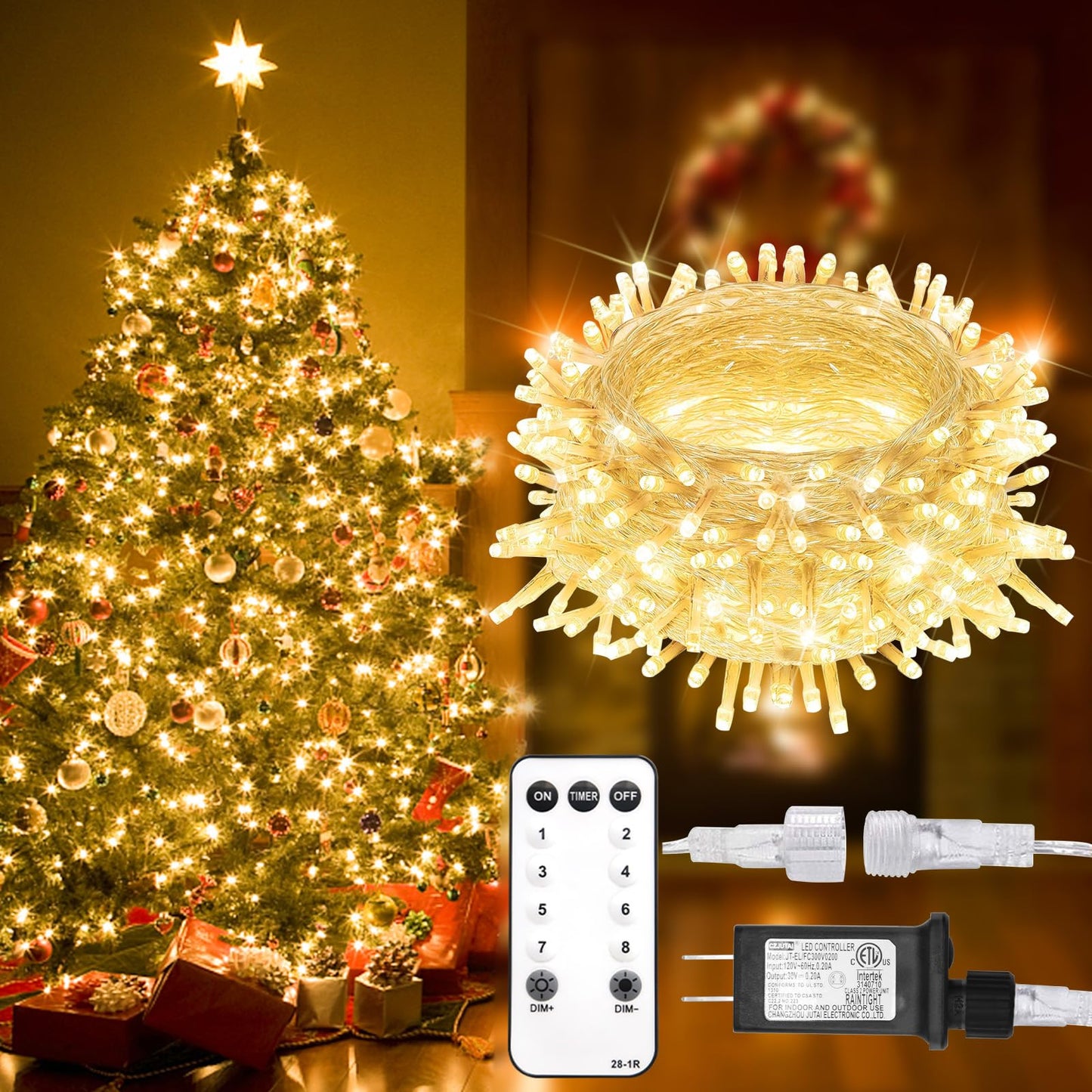 suddus 100 LED String Lights with Remote Control, 33ft Connectable Clear Wire Fairy Lights, 8 Modes & Timer Dimmable, Waterproof Plug in Twinkle Lights for Bedroom, Patio, Christmas Tree - Warm White
