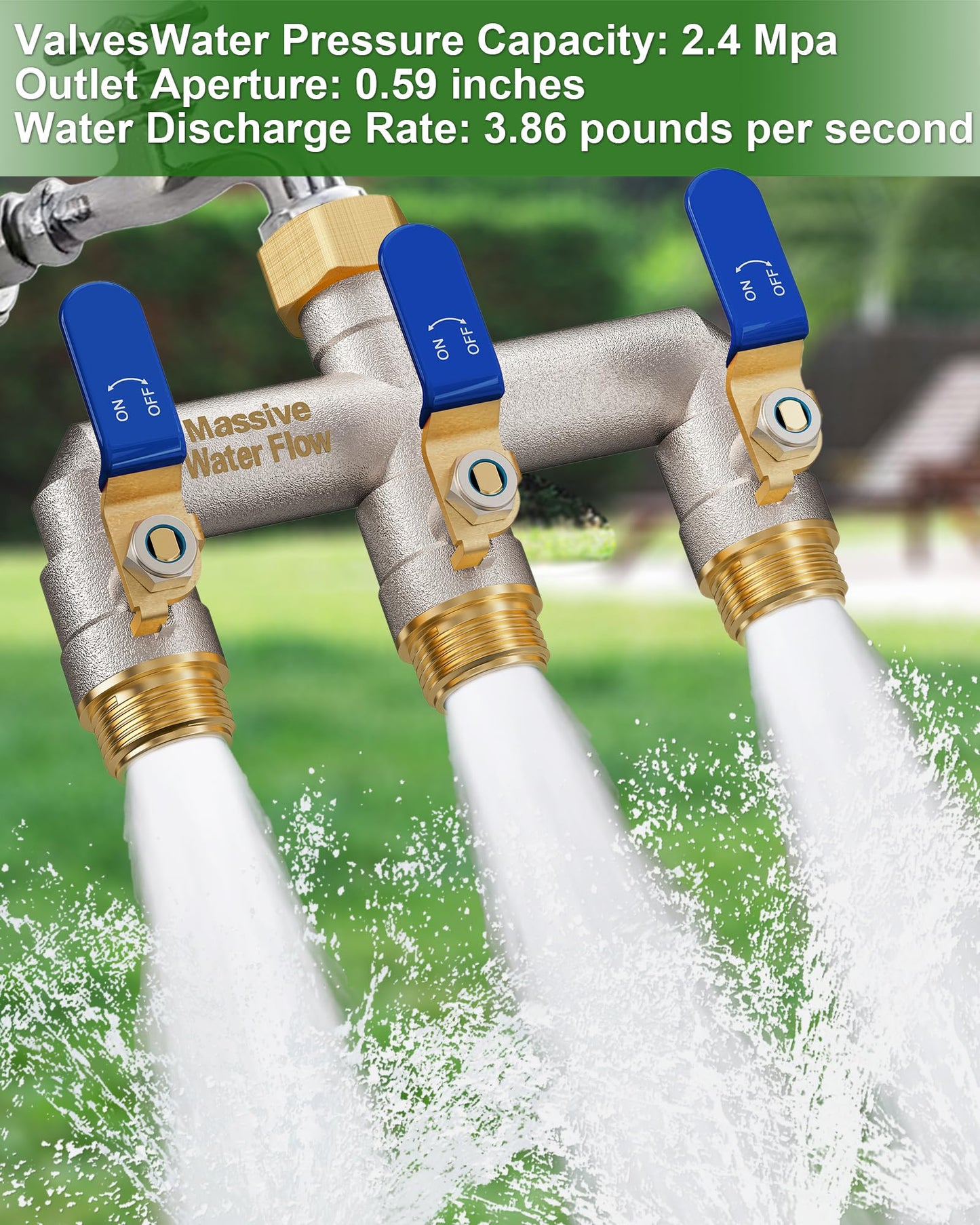 3 Way Hose Splitter Heavy Duty, Garden Hose Splitter with 3 Long Handle, Full Flow Brass Nickel Plated Water Hose T Spigot Splitter Adapter Connector, 3/4 - Inch GHT Thread (Blue)
