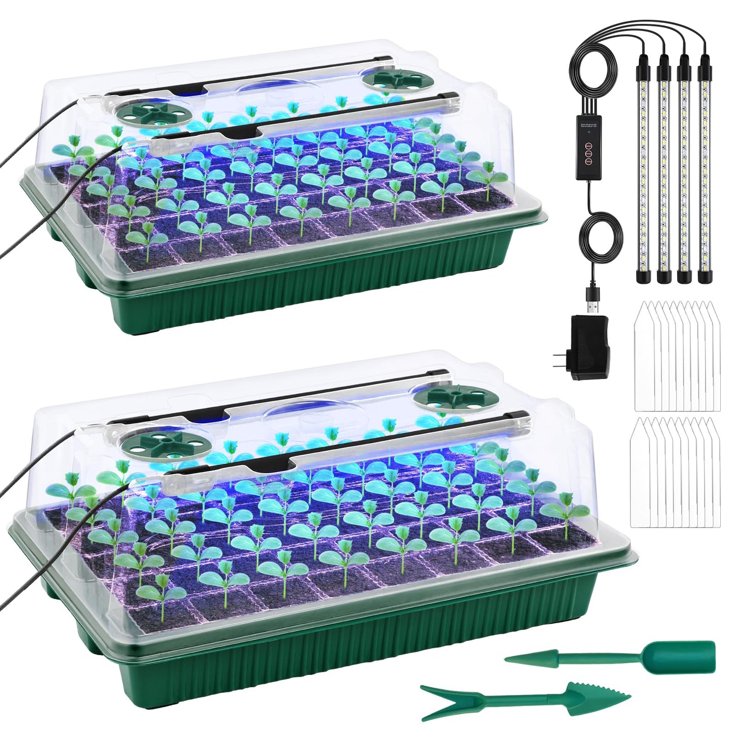 NEWKITS 2 Packs Starter Tray with Grow Light, 80 Cells Seed Starter Kits with Humidity Dome and Base Plant Germination Seedling Starter Kit with Smart Timer for Indoor Greenhouse Wheatgrass Hydroponic