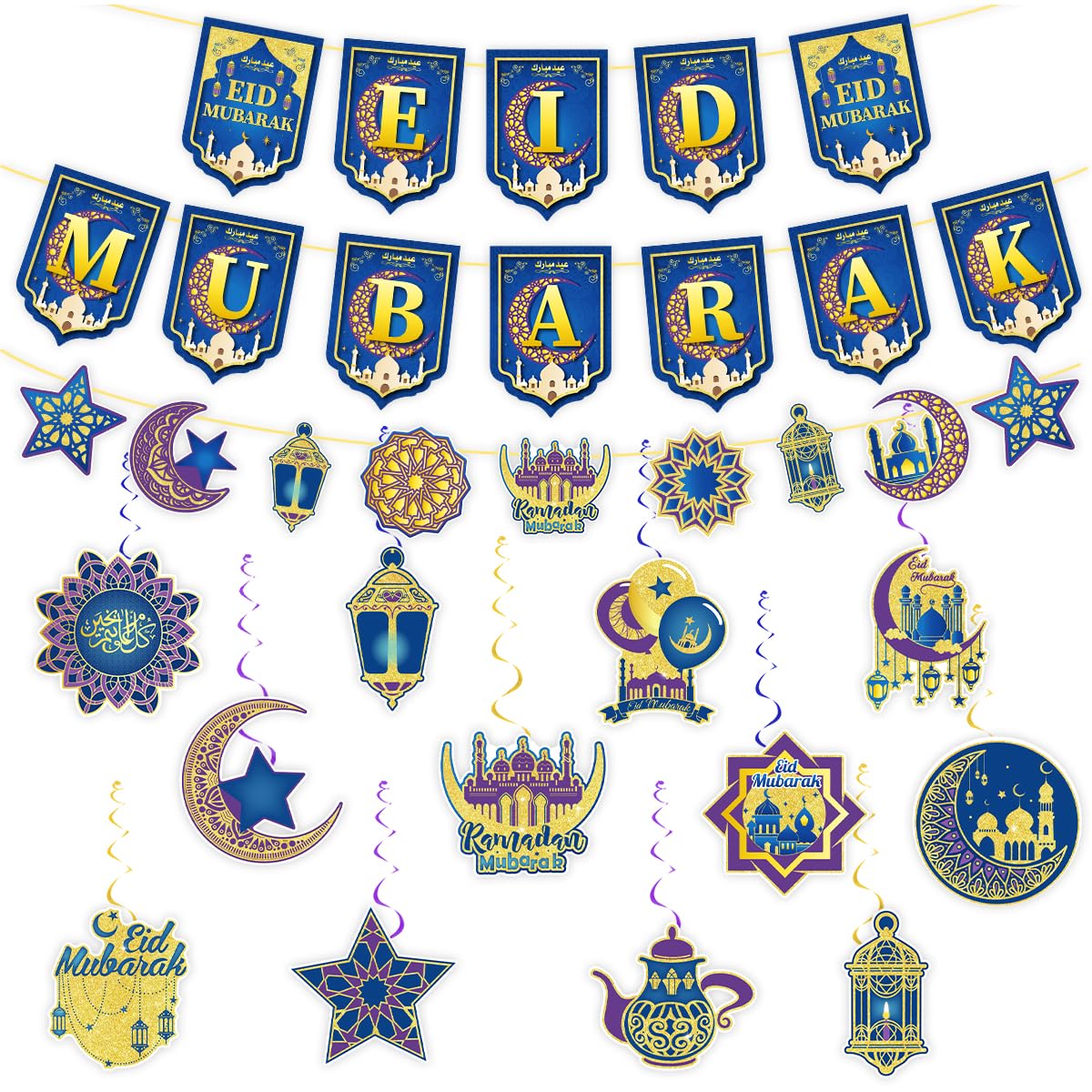 Eid Mubarak Decoration Set, Blue and Gold, Ramadan Banner with Lanterns, Stars, Moon, Hanging Swirls