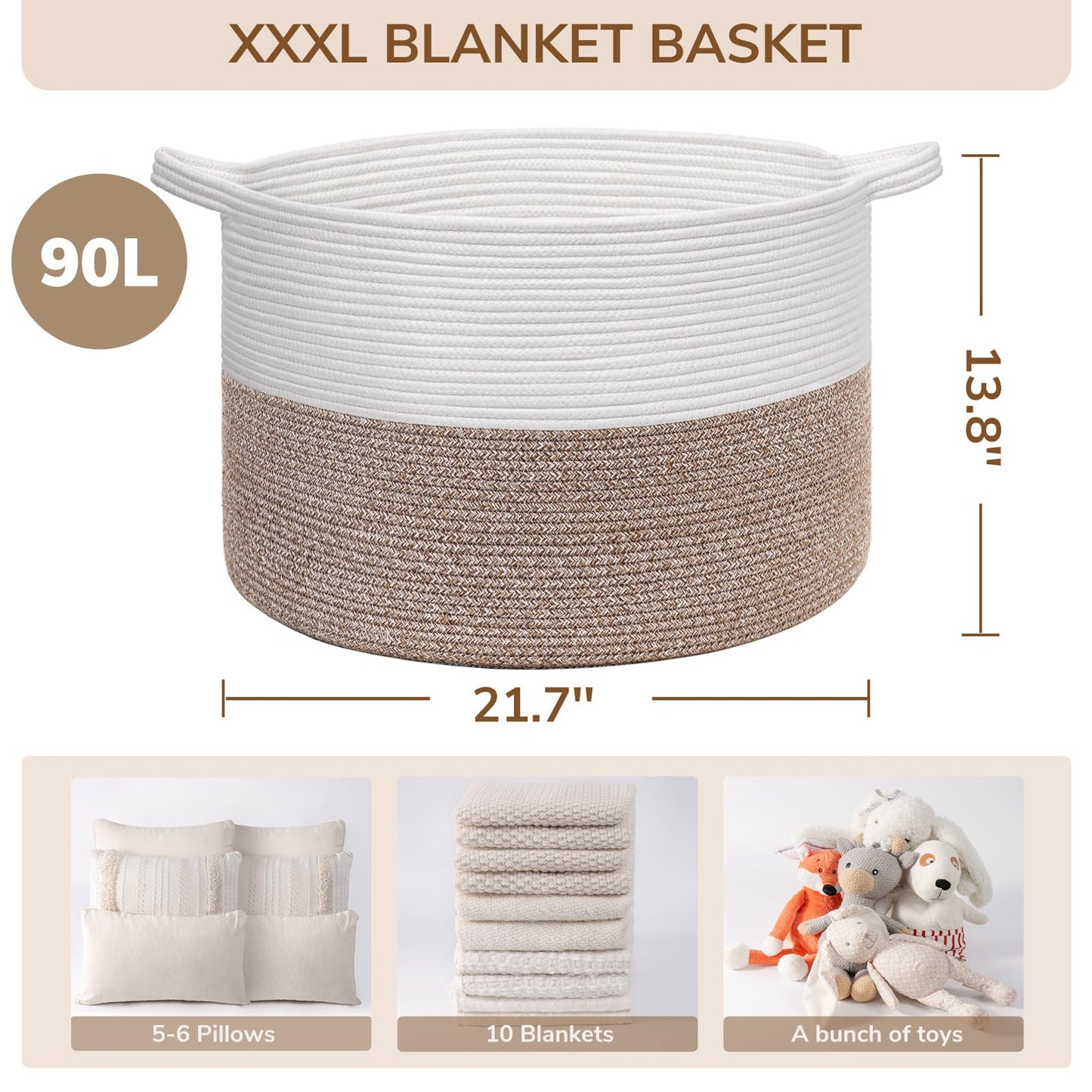 INDRESSME XXXLarge Blanket Basket for Living Room 21.7" x 21.7" x 13.8"-Storage Basket with Handle for Organizing Toy Pillows Woven Cotton Rope Laundry Basket Stuffed Animal Toy Storage for Play Room
