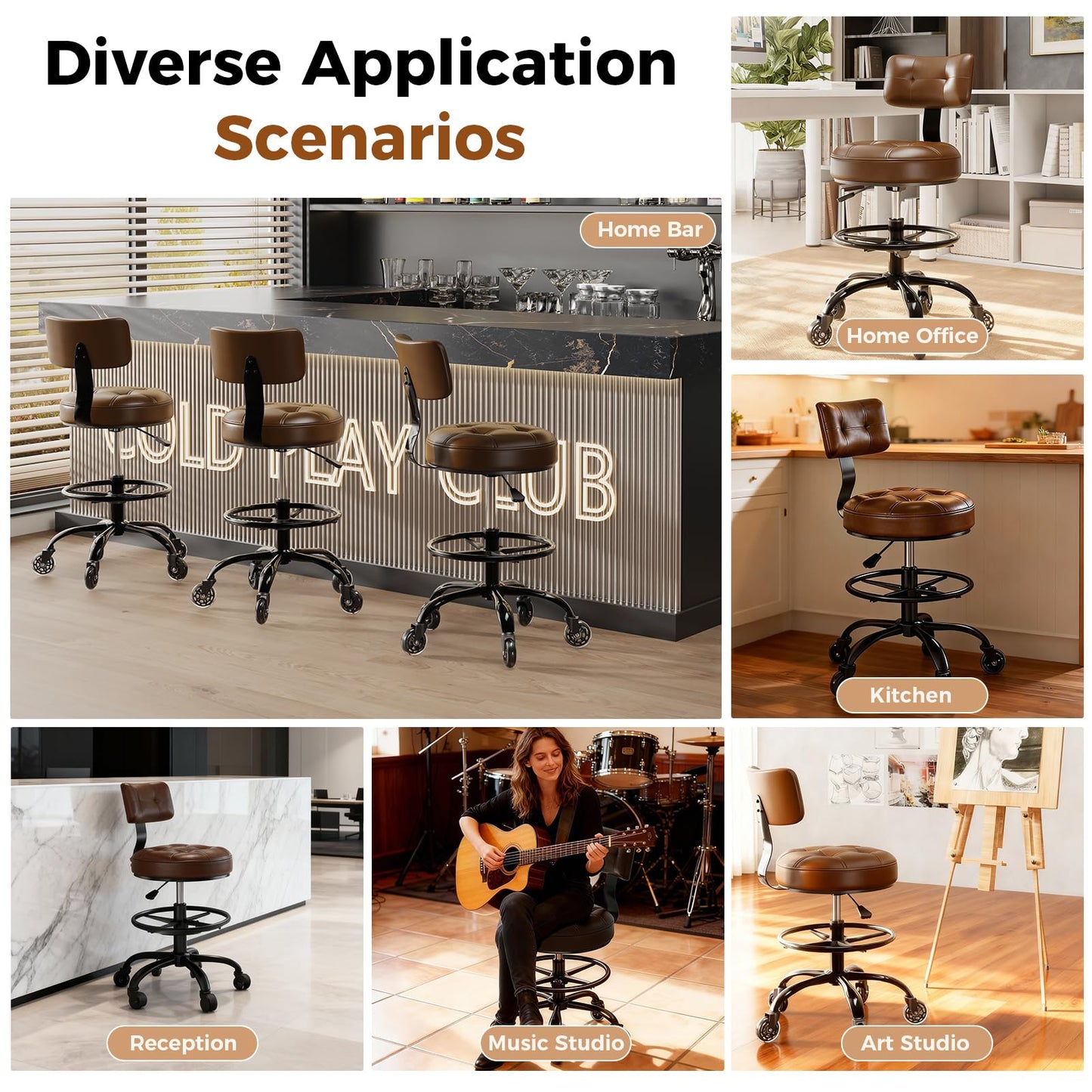 Office Drafting Chair with Footrest, Tall Height Adjustable Stool with Back Support, Heavy Duty Rolling Stool Chair with Wheels for Office Home Kitchen Bar Shop Guitar Studio Medical Vanity(Brown)