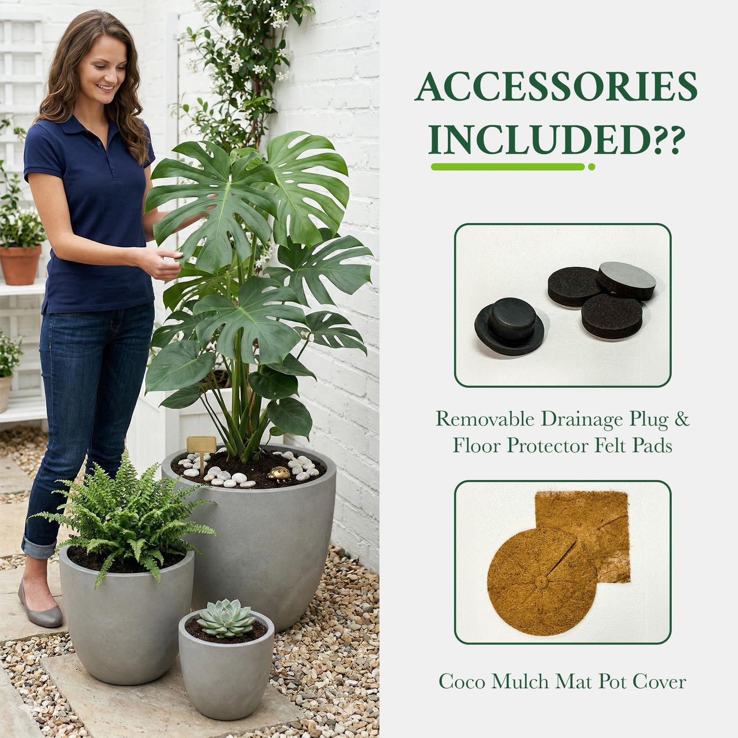 DTY Mount Yale 15.7" D x 15" H (Pot Opening 12.2") Fiberstone Planter with Drainage Hole, Weather Resistant for Indoor and Outdoor, 2 Extra Coco Mats - Gray, Medium