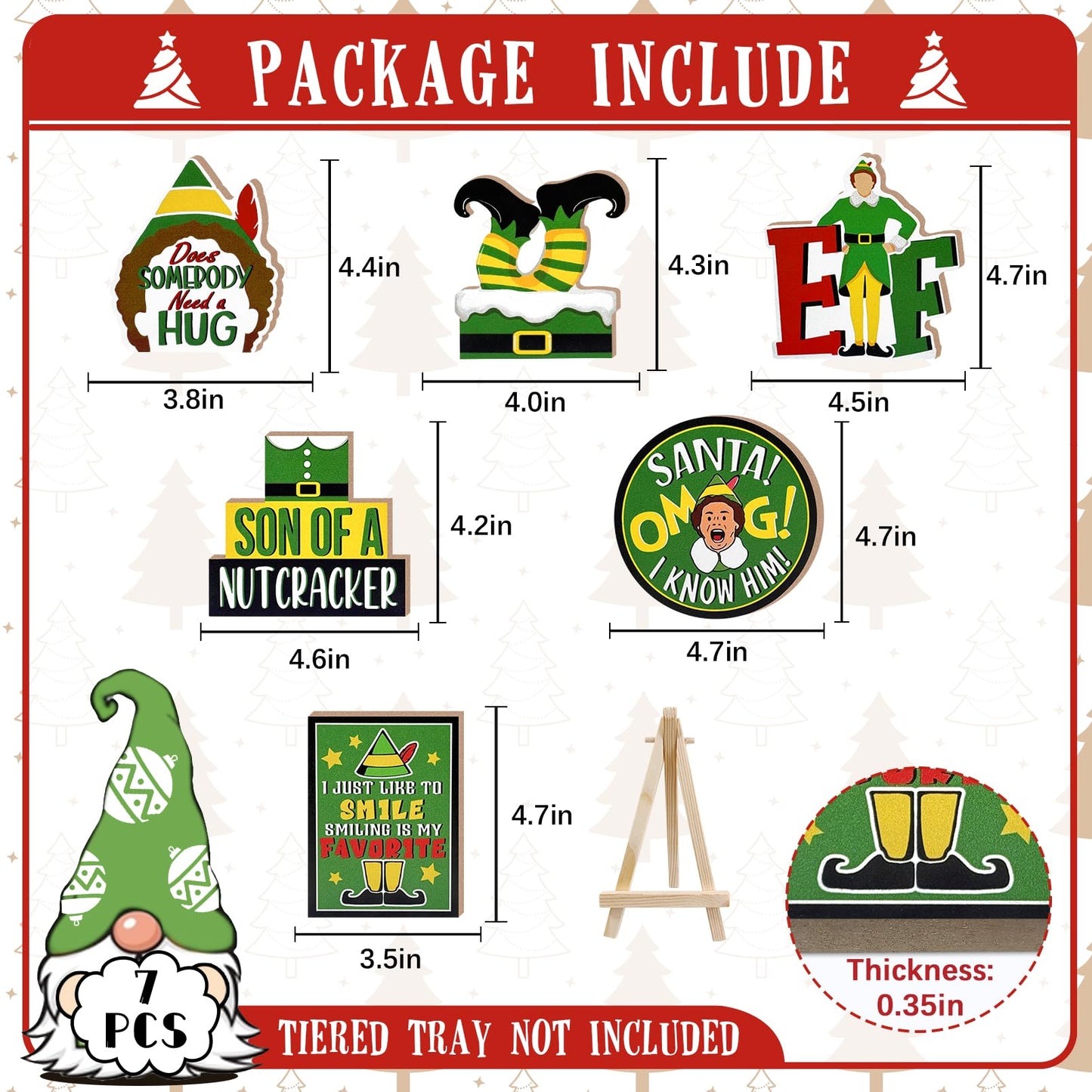 YMCAFZ 7 Pcs Christmas Green Elf Tiered Tray Decor, Funny Xmas Son of A Nutcracker Farmhouse Wood Decorations Set, Winter Holiday Rustic Wooden Decorative Signs for Home Table Shelf