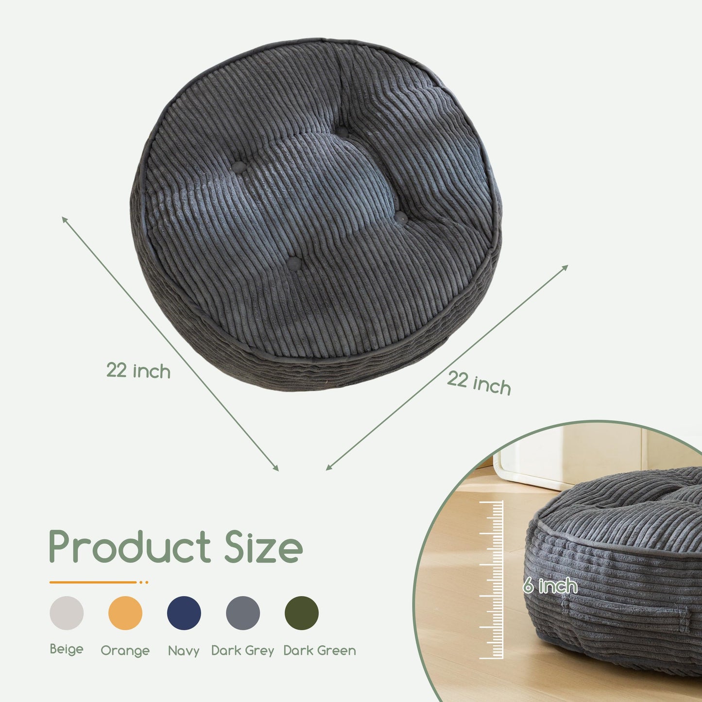 HIGOGOGO 6" Extra Thick Floor Pillow Cushion for Adults, Meditation Cushion Pillow, Large Round Floor Sitting, Tufted Corduroy Cover, for Tatami Living Room or Yoga, 22x22 Inch, Dark Grey