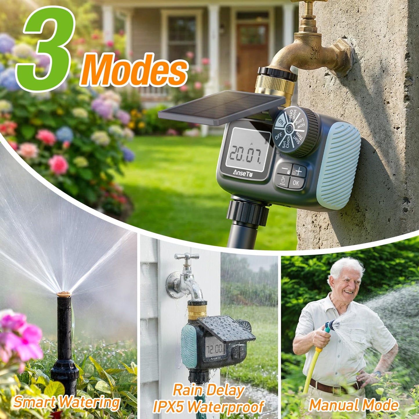 AnseTo Solar Sprinkler Timer, Solar & Type-C Rechargeable Water Timer for Garden Hose, Programmable Faucet System with Rain Delay/Manual/Auto Mode, Digital Irrigation Controller for Lawn/Yard/Pool