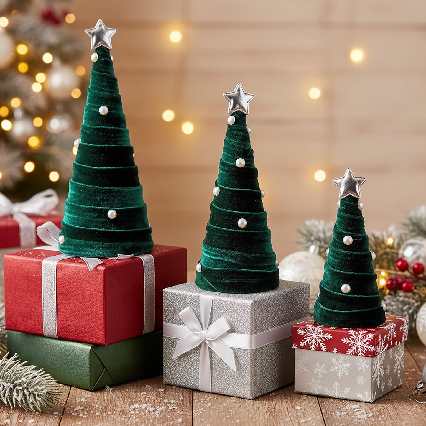 Leitee 3 Pcs Christmas Green Velvet Trees, Cone Table Decorations Modern Christmas Tabletop Centerpieces Trees Winter Decor Tree Tiered Tray with Pearls and Stars for Entryway Mantle Home Farmhouse