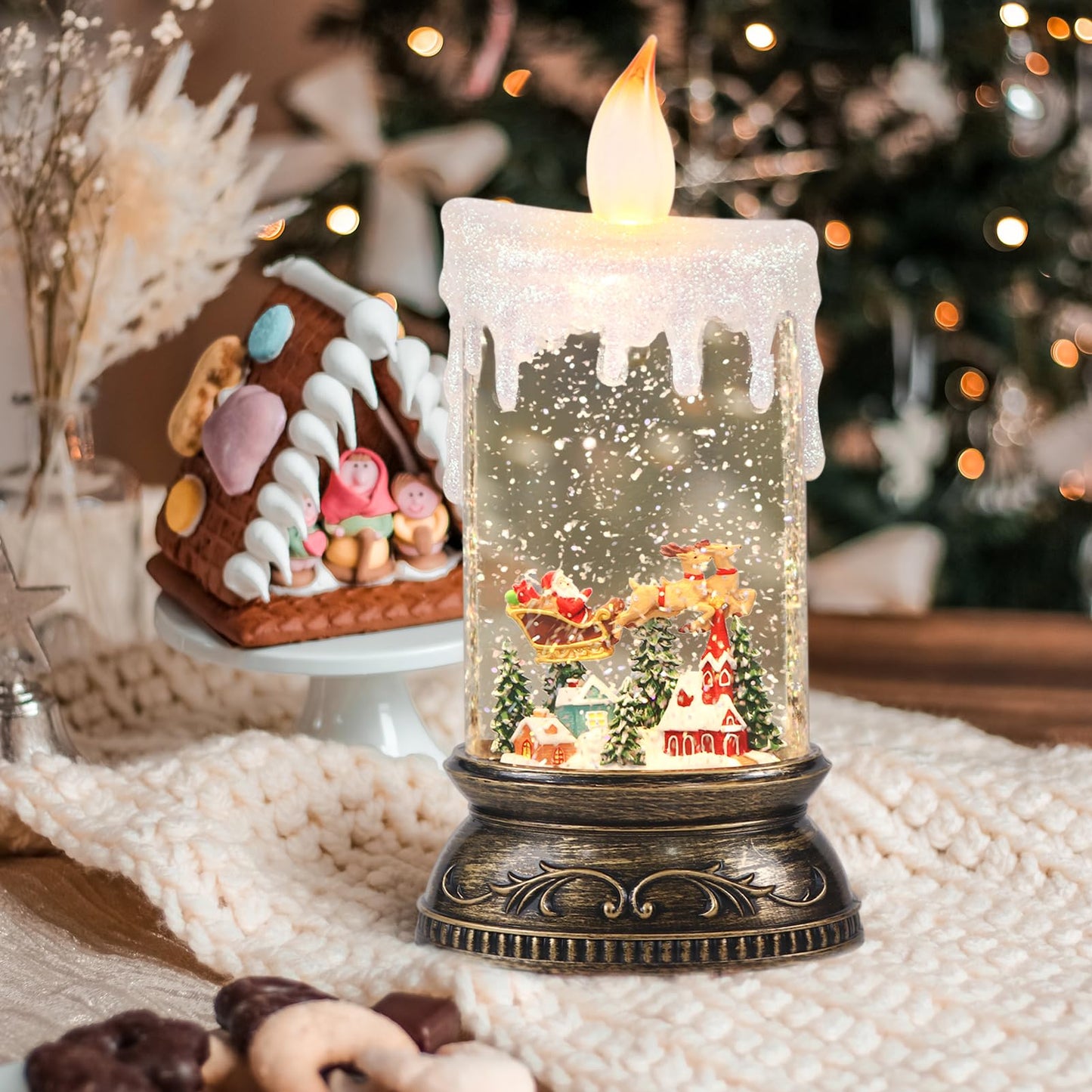 Wondise Rechargeable Musical Santa Claus Snow Globe Lantern with 6H Timer, Battery Operated USB Powered Lighted Singing Snow Globe Lamp Spinning Water Swirling Glitters Holiday Decor