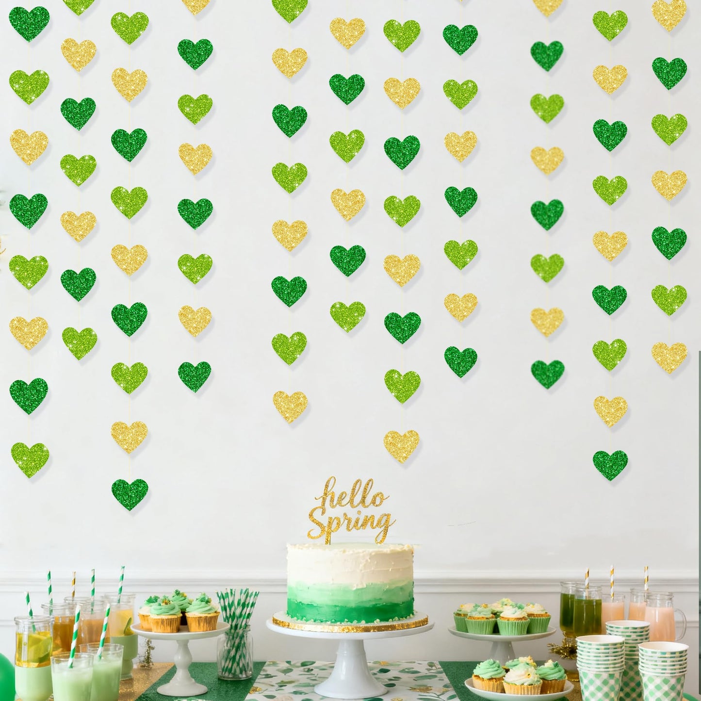 Gold and Green Heart Party Decorations Glitter Paper Love Heart Hanging Banner Streamer Garland for Birthday Wedding Valentines Day Spring Master Golf St Patrick's Day Christmas Holiday Party Supplies