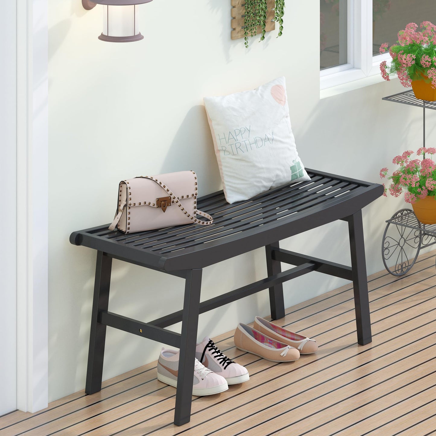 Bamboo Dining Bench Indoor Long Bench Sturdy & Comfortable Indoor Storage Bench Durable Slat Woven Design Modern Entryway Seating for Hallway (Black, 1 Tier)