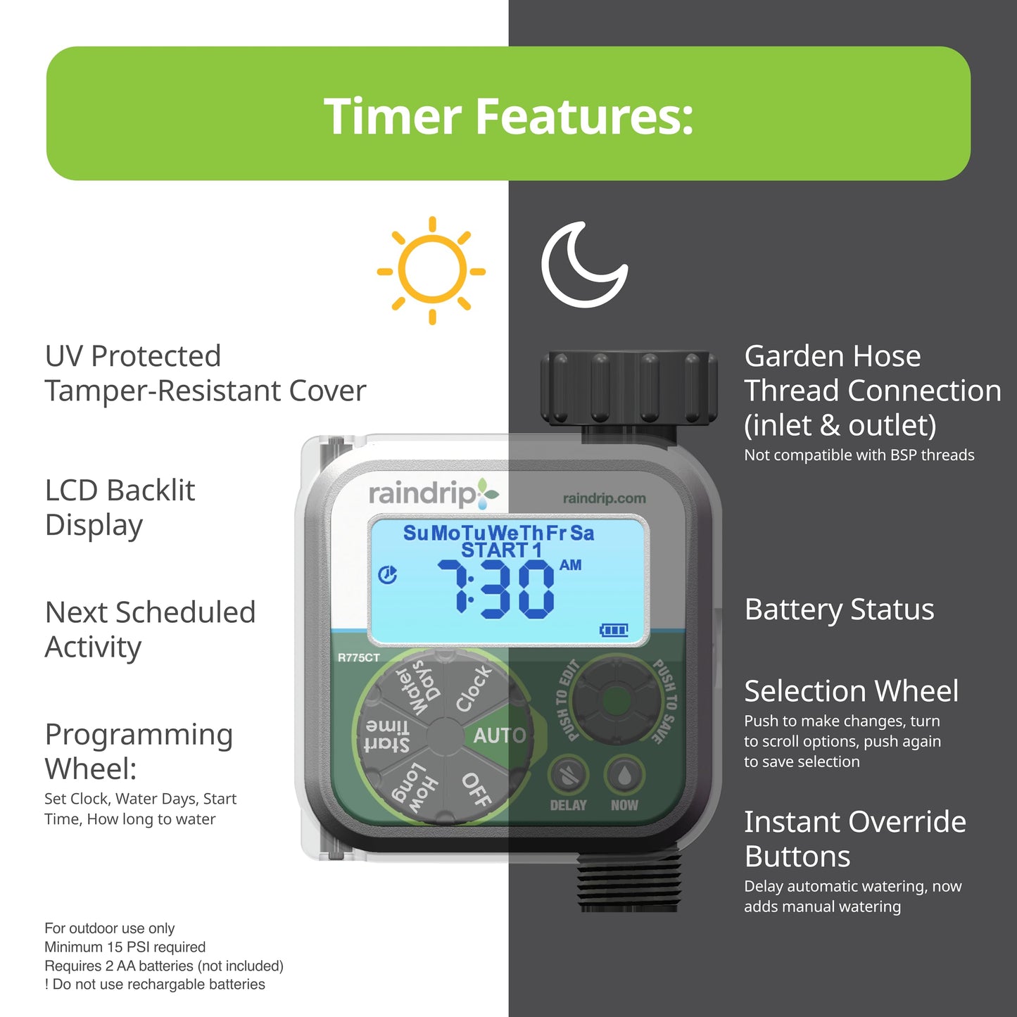 Raindrip Digital Hose-End Automatic Water Timer, Connects to Garden Faucets and Hose Bibbs, with Back-Lit LCD Screen for Drip Irrigation, Garden, Self-Watering, Grey
