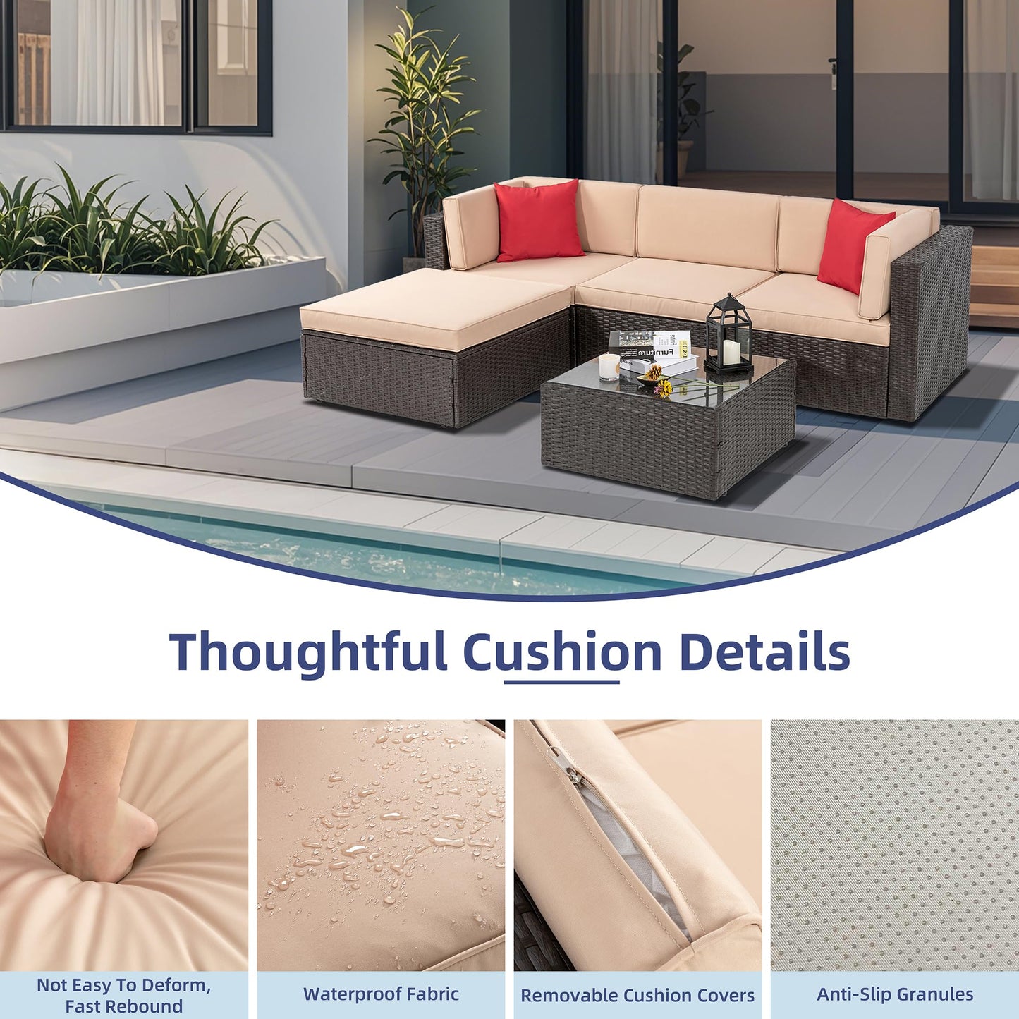 Vongrasig 5 Piece Patio Furniture Sets, Outdoor Patio Set Sectional Sofa, All-Weather PE Rattan Outdoor Couch with Ottoman, Glass Table for Garden, Backyard, Porch, Beige
