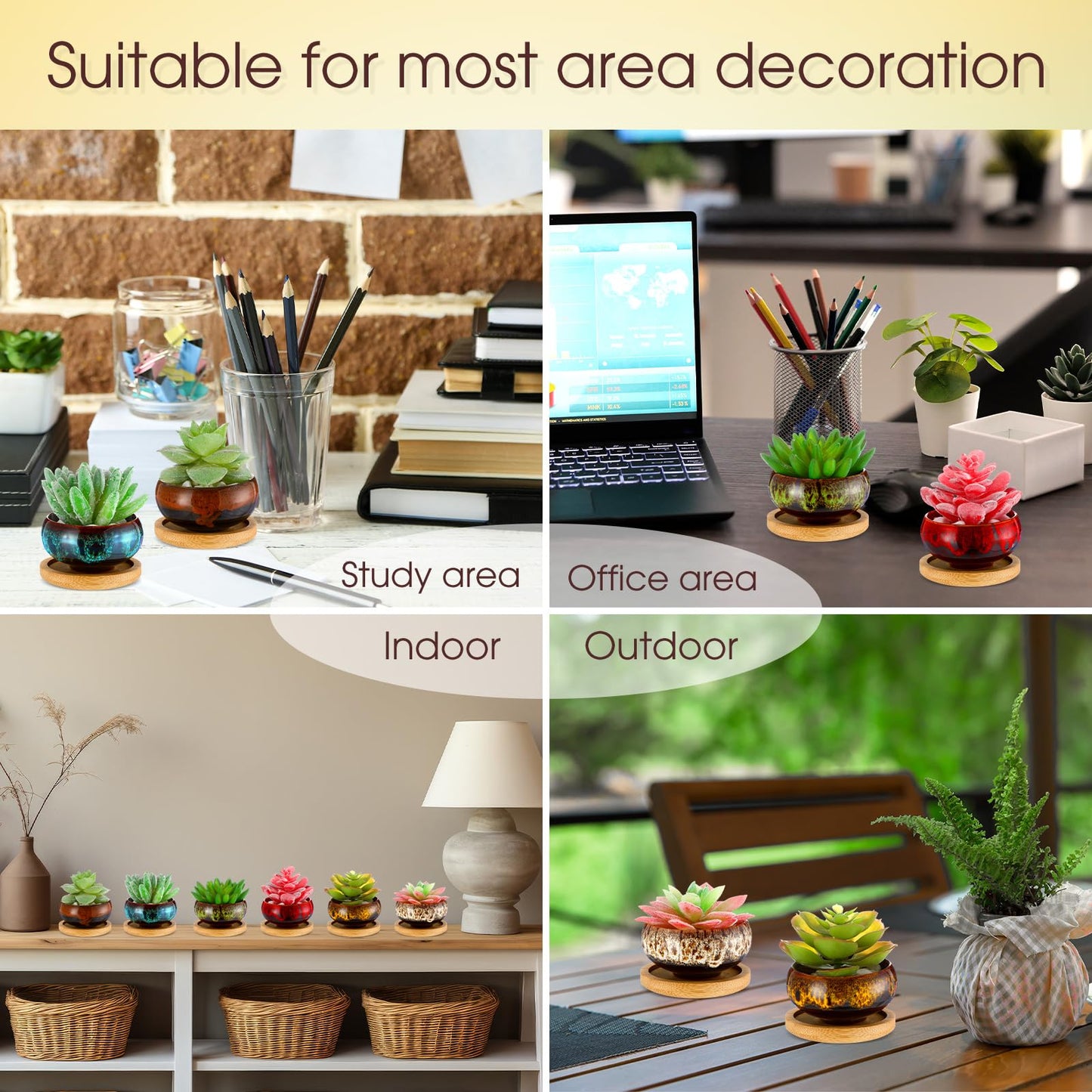 RimCereal 12 Pcs Succulent Pots 2.5 Inch Mini Ceramic Succulent Garden Flower Pots Planters with Drainage and Bamboo Tray for Indoor Garden Plants Planters Colorful Flower Pot(Round,1.2 Inch H)
