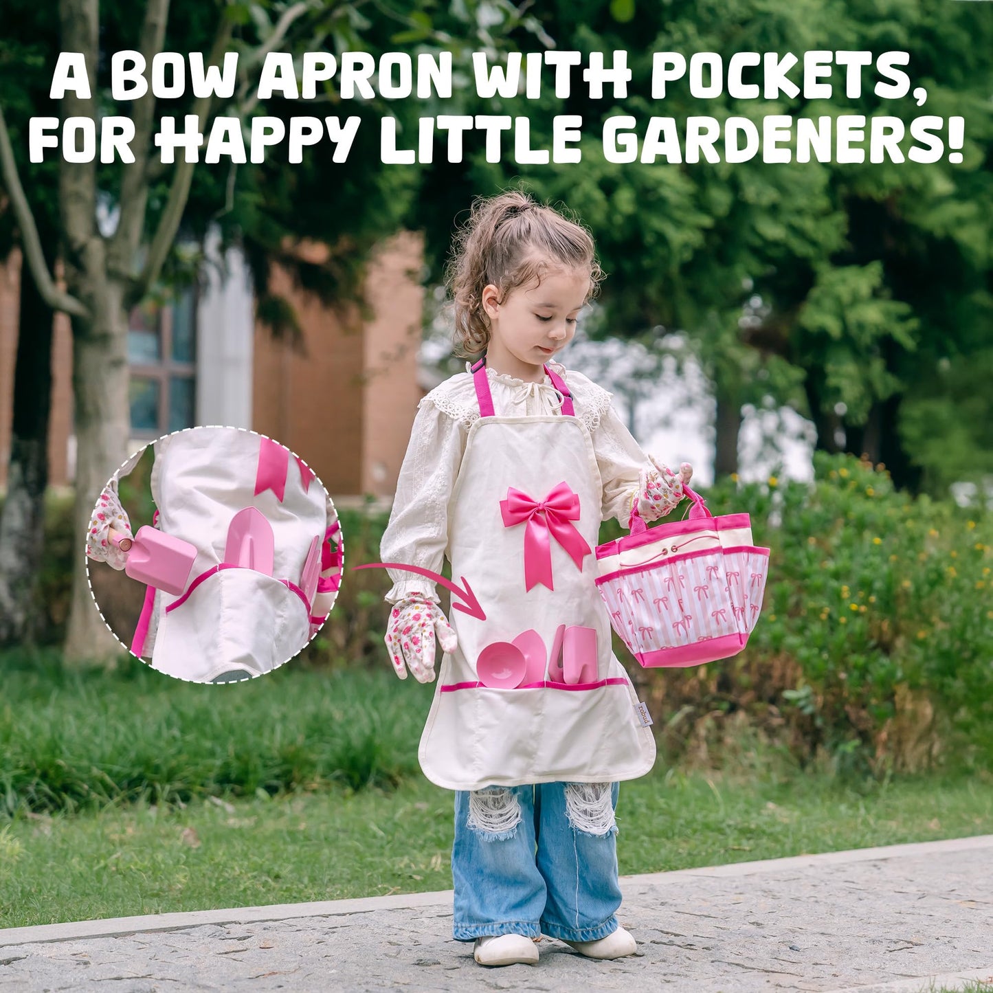 ROBUD Kids Gardening Set 18 PCS Bow Theme Garden Tools for Kids with Storage Bag, Apron, Waterproof Gloves, and Planting Cards – Educational Outdoor STEM Gardening Toy Gift for Girls and Toddlers