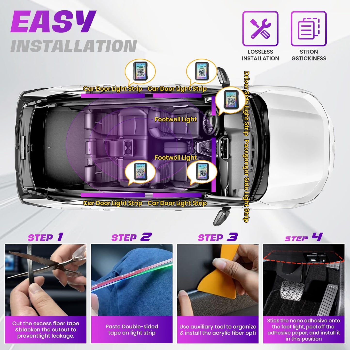 Acrylic Interior Car LED Strip Lights,dreamcolor 6-in-1 Car Ambient Lighting Kit, with APP Control, 622 LED Fiber Optic Strip Lights for Cars,Supports Neon Sync with Music DIY Mode.