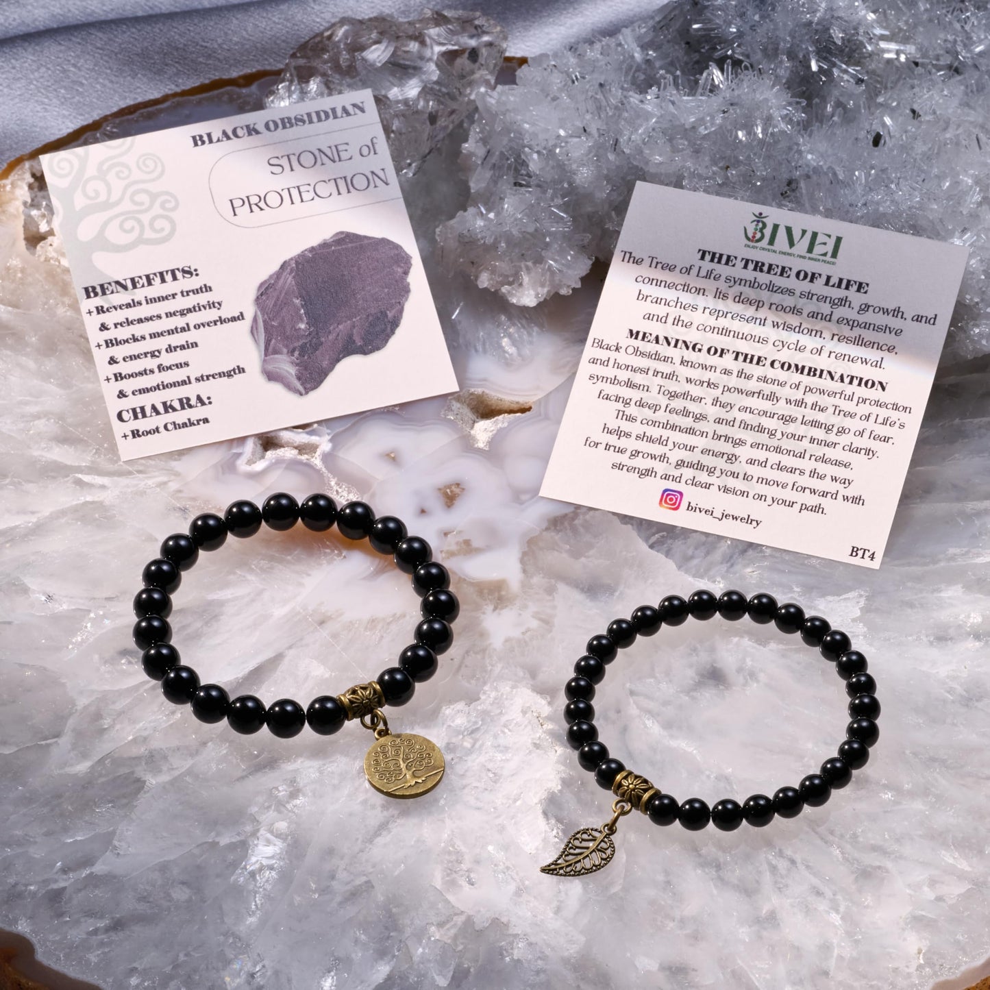 Bivei Natural Semi Precious Gemstone Beads Bracelet for Women - Life Tree and Leaf Charm Chakra Energy Anxiety Stretch Bracelets(Black Obsidian Bracelet Set)