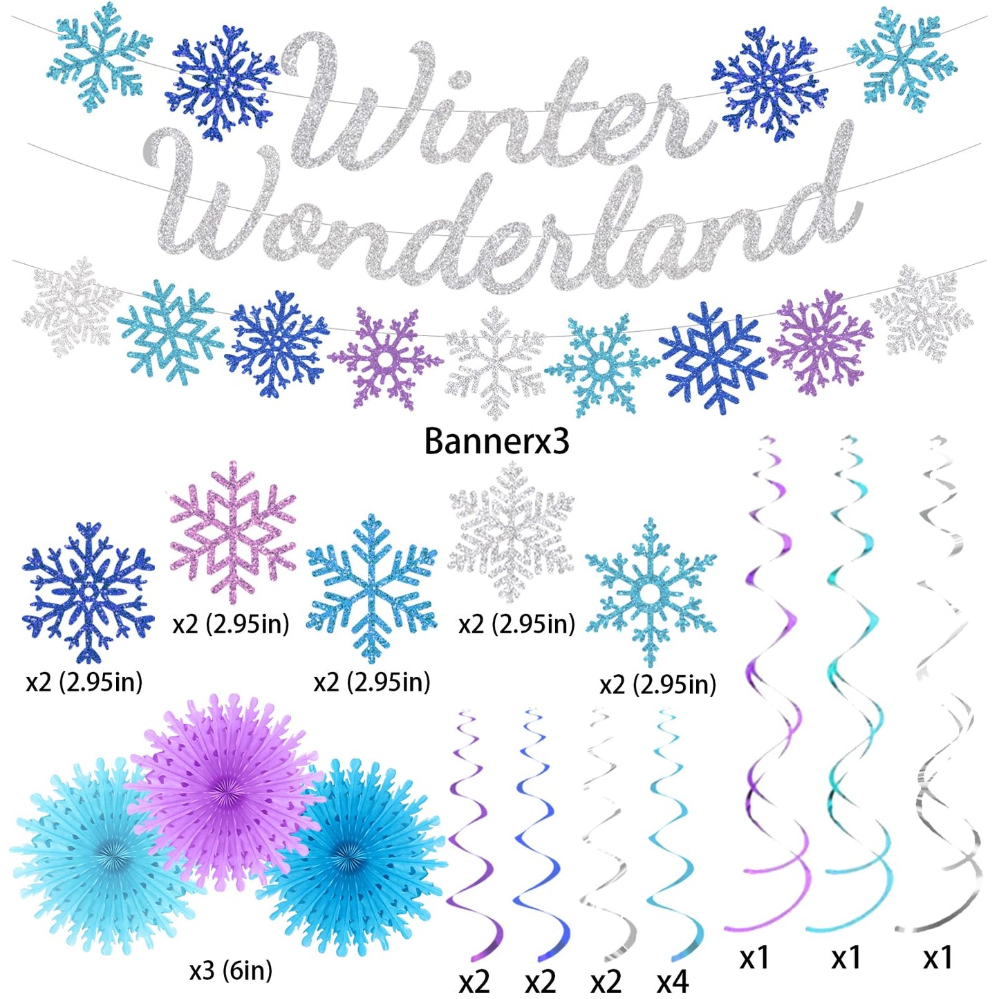 28pcs Winter Snowflake Hanging Swirls Decorations, Winter Wonderland Decorations Snowflake Hanging Swirls Decoration Glittery Ornament Banner for Winter Frozen Baby Shower Party Home Decorations