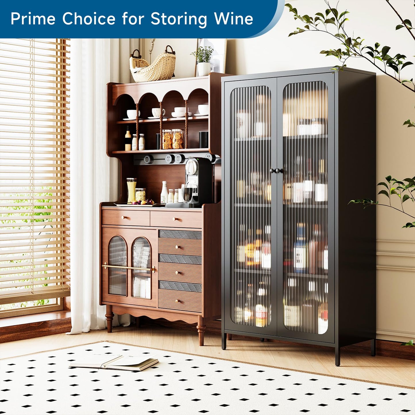 PEUKC 63'' Kitchen Pantry Storage Cabinet, Display Cabinet with Glass Doors and 3 Adjustable Shelves, Metal Kitchen Hutch Storage Cabinet for Dining Room, Living Room (Black)