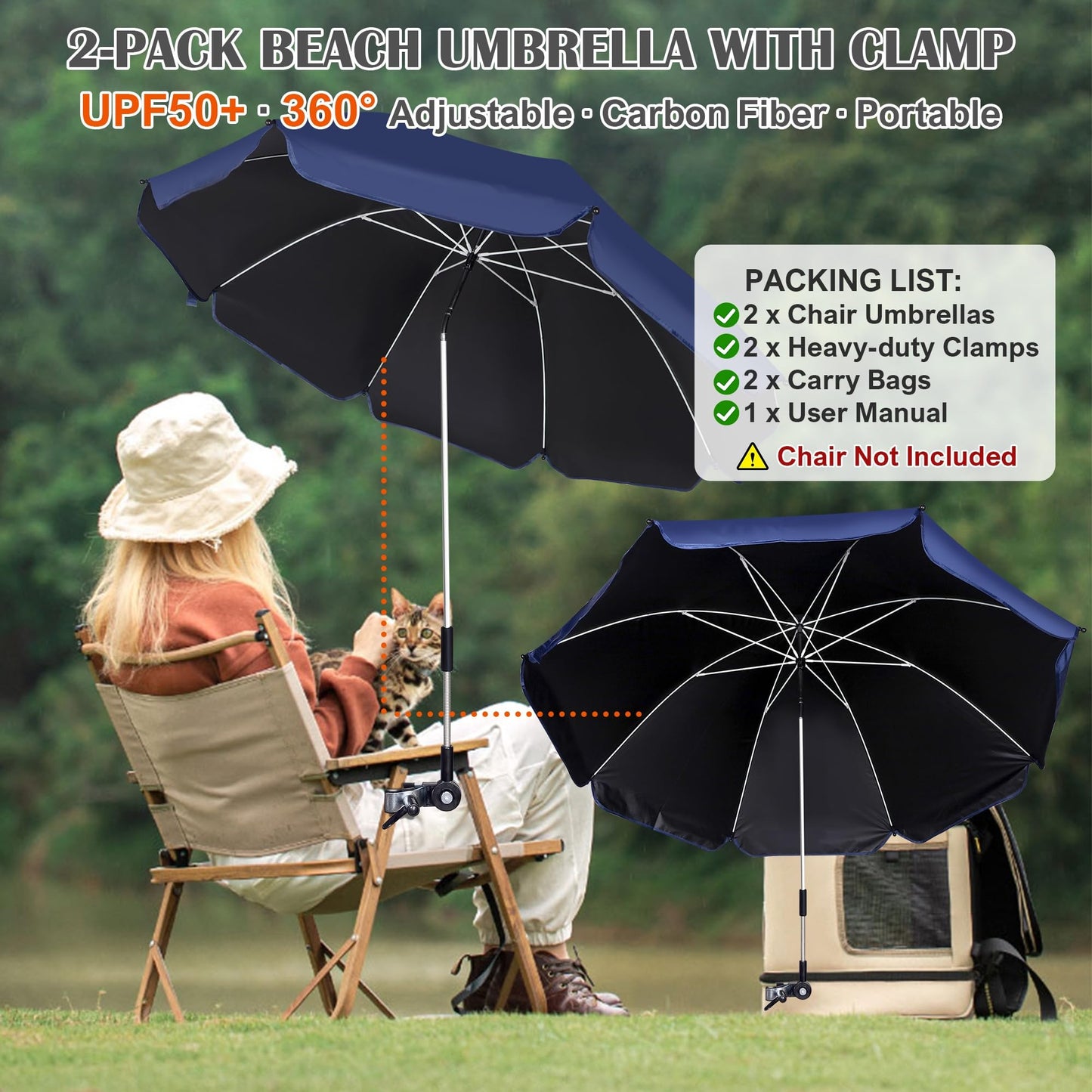 Blissun 2 Pack Chair Umbrella with Clamp, Adjustable Umbrellas for Chair, UPF50+ Sun Shade Umbrella for Beach Chair, Wheelchair, Camping Chair, Patio Chair, Golf Carts, Navy Blue