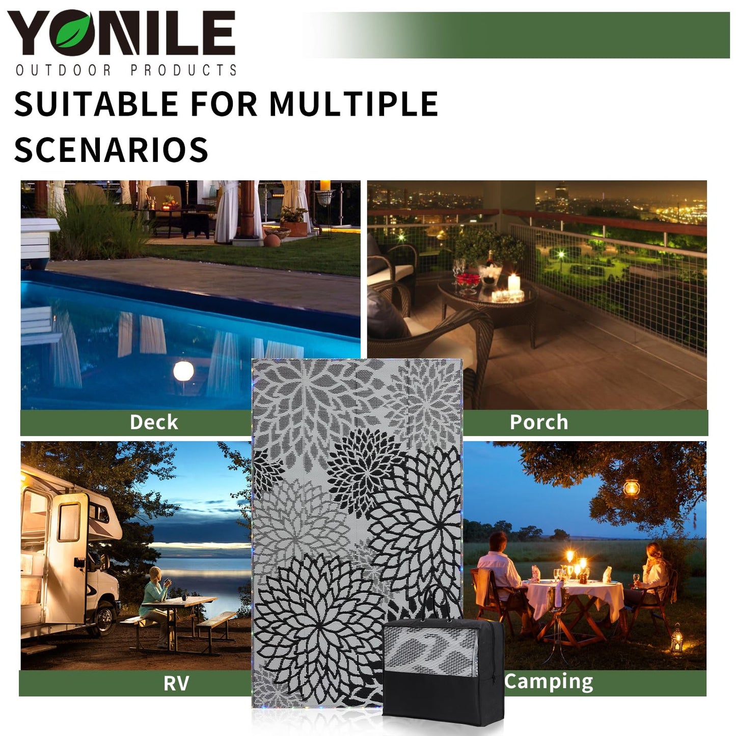 YONILE Outdoor Rug 8x10 ft with LED Light, Waterproof Reversible Outdoor Plastic Straw Rug for Patios Clearance, Large Outdoor Area Rug Carpet RV Mat for Camping Backyard Deck Porch Beach