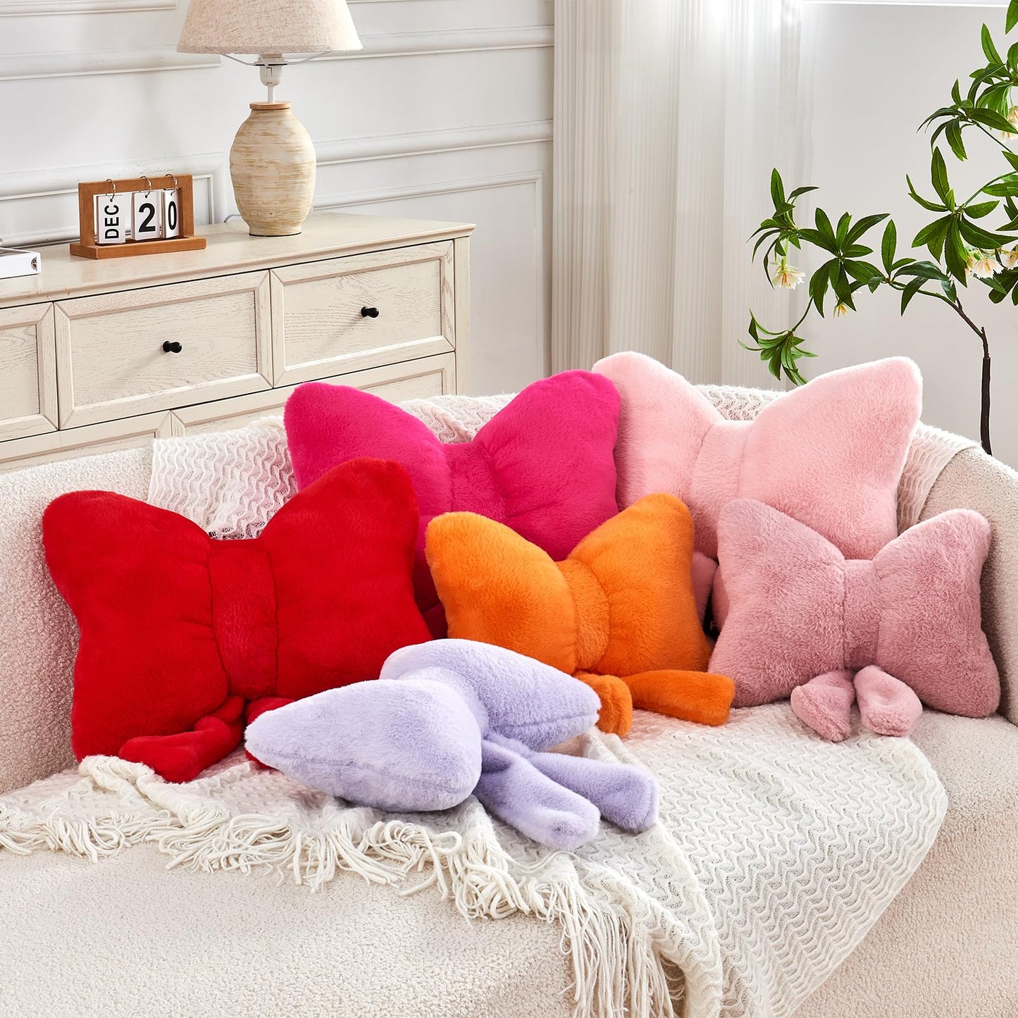 XVTRU Pink Bow Pillow, Soft Bow Decorative Pillows with Faux Rabbit Fur, Cute 12" Bow Throw Pillows, Aesthetic Home Decor Bow Shaped Plush Pillow for Bedroom Sofa Couch