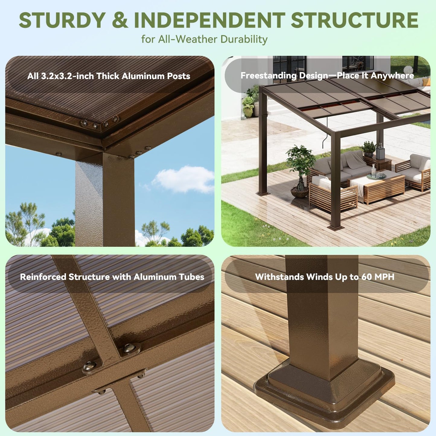 HOMMOW Gazebo 10’x13‘ with Adjustable Polycarbonate Roofs, All Aluminum Frame Permanent Pergola for Patio, Outdoor Freestanding Shelter, Dark Brown