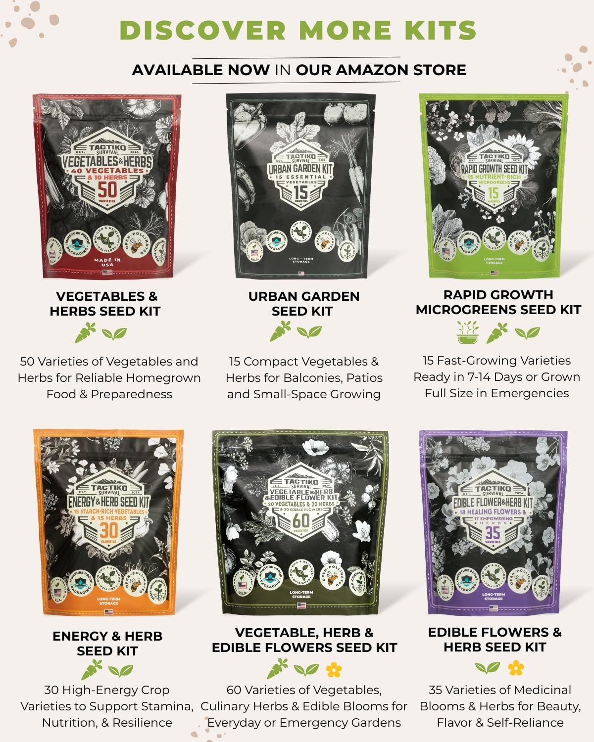 Tactiko Survival 40 Medicinal & Tea Herb Seeds Variety Pack, Indoor & Outdoor Herbal Garden Kit, USA Grown Heirloom Non-GMO, Herbal Seeds for Teas, Resealable Mylar Bag for Long-Term Storage