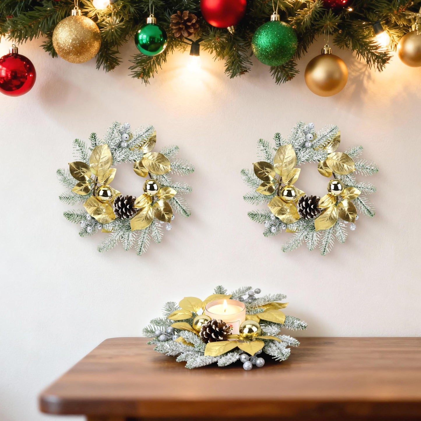 Christmas Candle Rings Wreath,8in Small Wreaths for Kitchen Cabinet with Balls,Pine Cones,Pine Needles and Berries for Home Christmas Table Centerpiece Decorations (6, Gold)