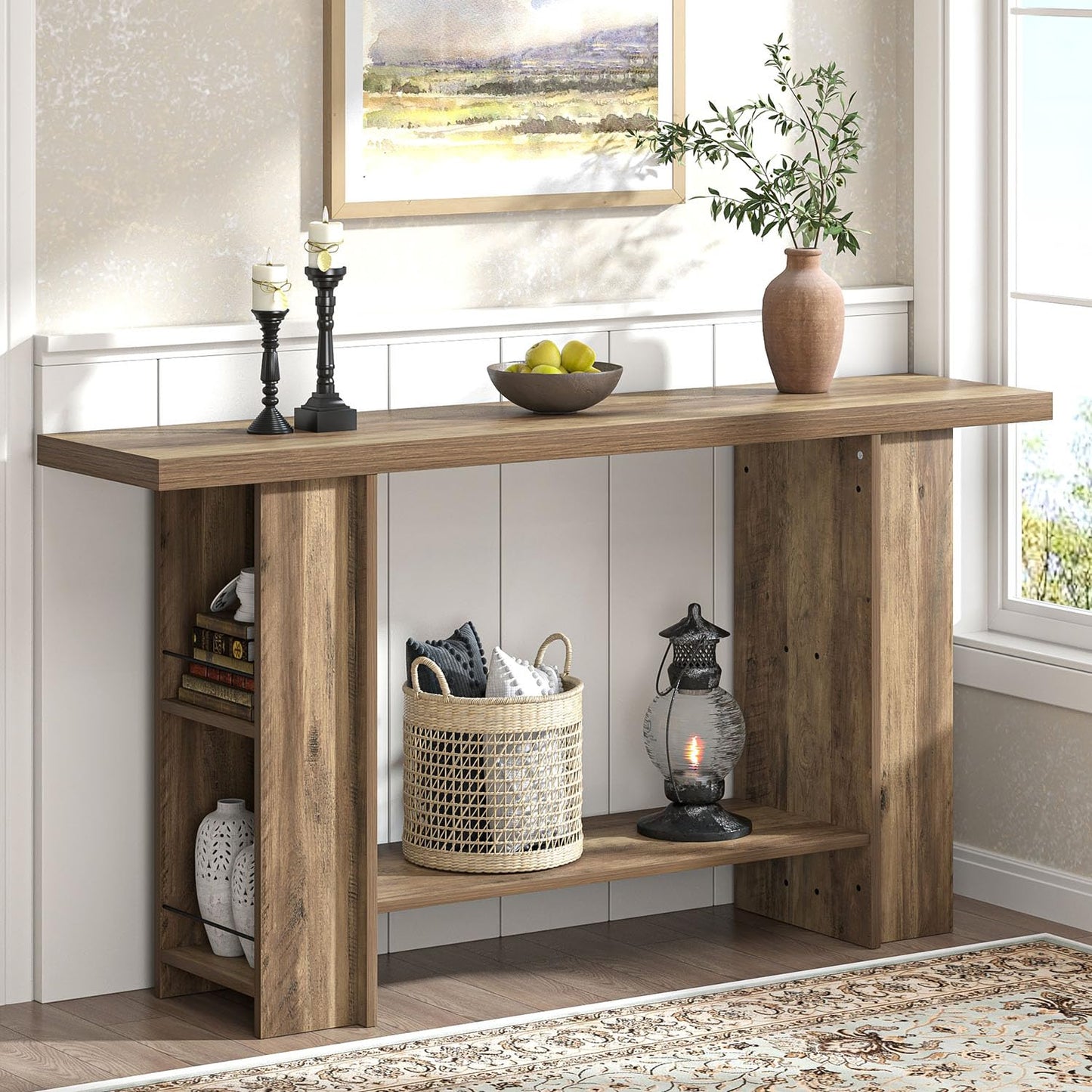 FOLUBAN 53 Inch Long Entryway Table, 2-Tier Wood Console Table with Storage Side Shelves, Farmhouse Sofa Table for Living Room, Narrow Hallway Foyer Table Behind Couch for Home Decor, Rustic Oak