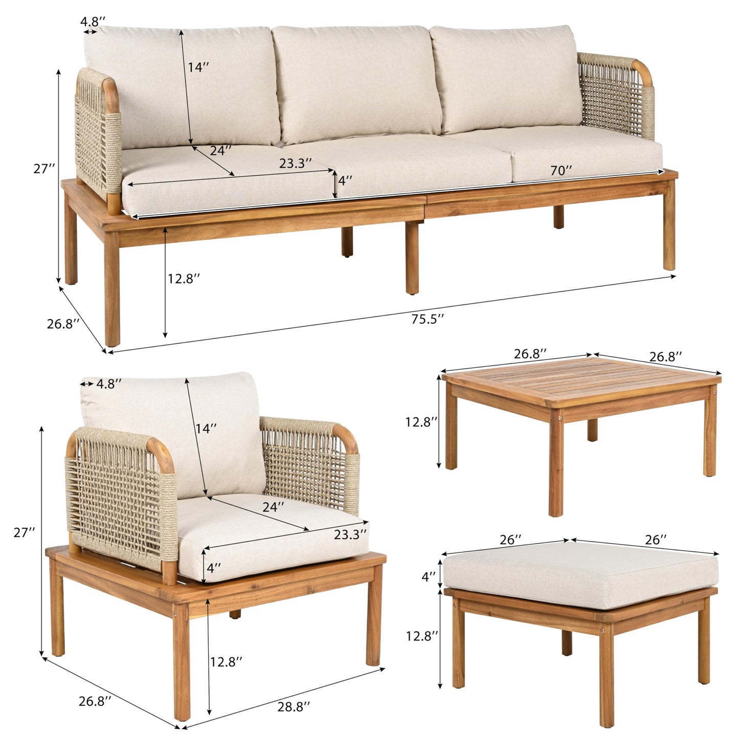 Merax Outdoor 5-Piece Acacia Wood & Rope Patio Sofa Set with Ottoman & Table, Water-Repellent Cushions, for Garden & Patio