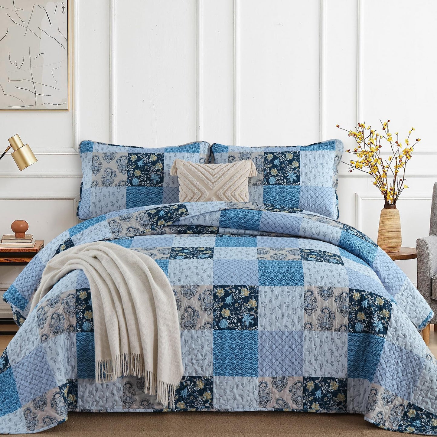 Xruibed Blue Quilt Set Queen Size 3 Pieces Plaid Floral Boho Bedspread Coverlet Set Patchwork Pattern Reversible Bedding Set Soft Microfiber Bedspread Set Queen for All Season(Queen 96"x90")