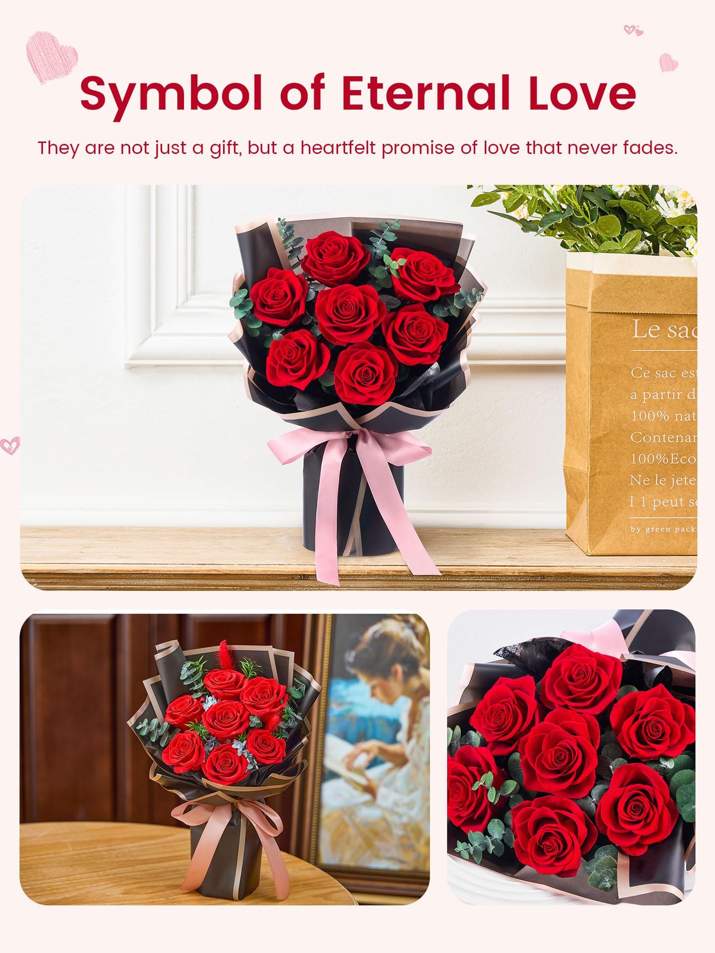 Mosstory Flower Bouquet Flowers for Delivery Prime 7-Piece Preserved Roses Bouquet Gift for Women Mother Wife Mother Day Wedding Anniversary Birthday (Red Roses)