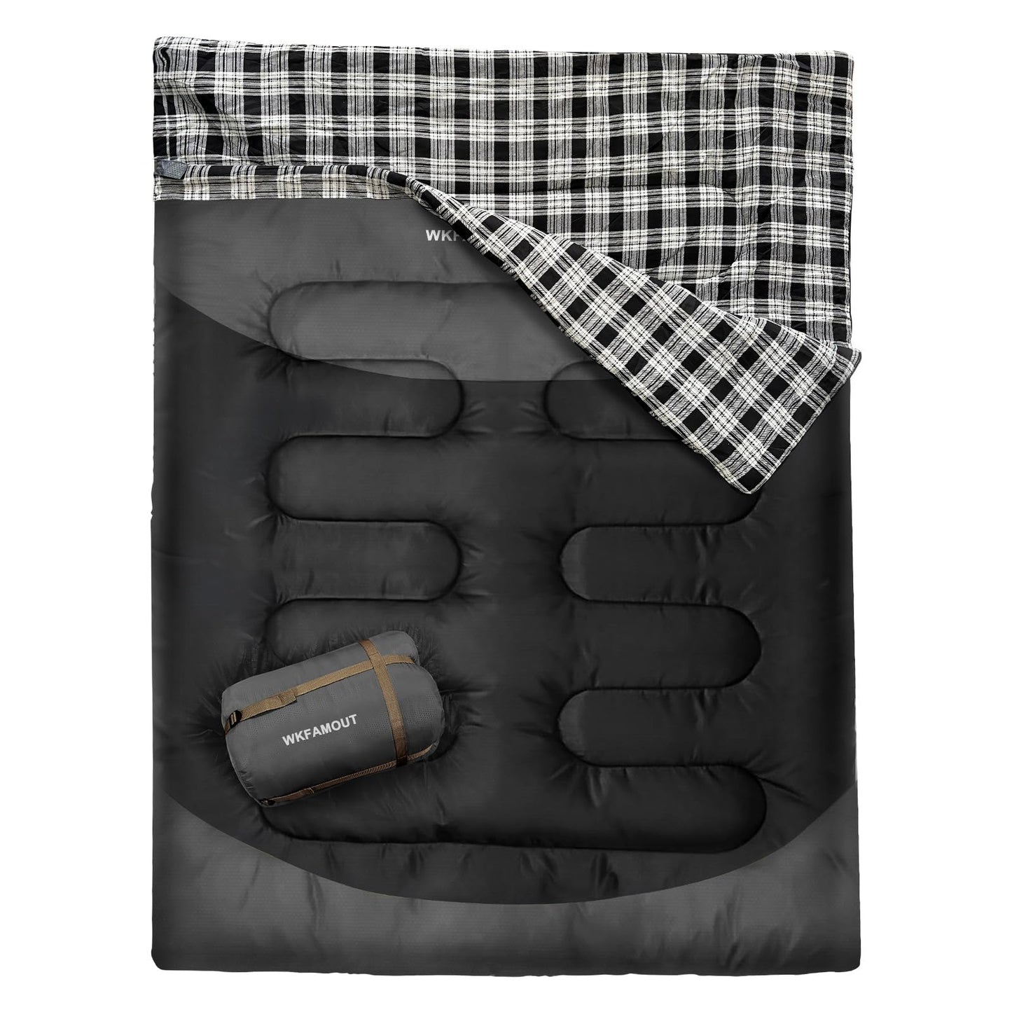 WKFAMOUT Cotton Flannel Double Sleeping Bag for Adults Machine Washable 2 Person Camping Sleeping Bag Queen Size Waterproof with Compression Sack for Cold Weather 3-4 Seasons