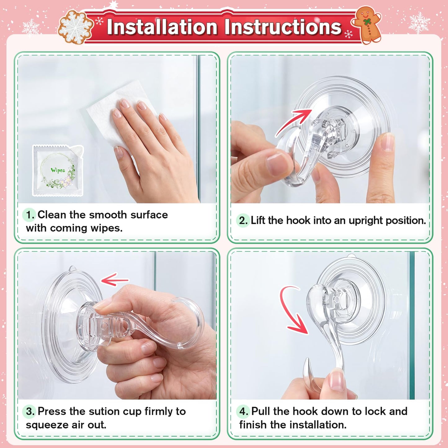 VIS'V Wreath Hanger, Large Suction Cup Wreath Hooks with Wipes, Heavy Duty, 22 LB Capacity, Removable and Reusable, Clear, 2 Pcs