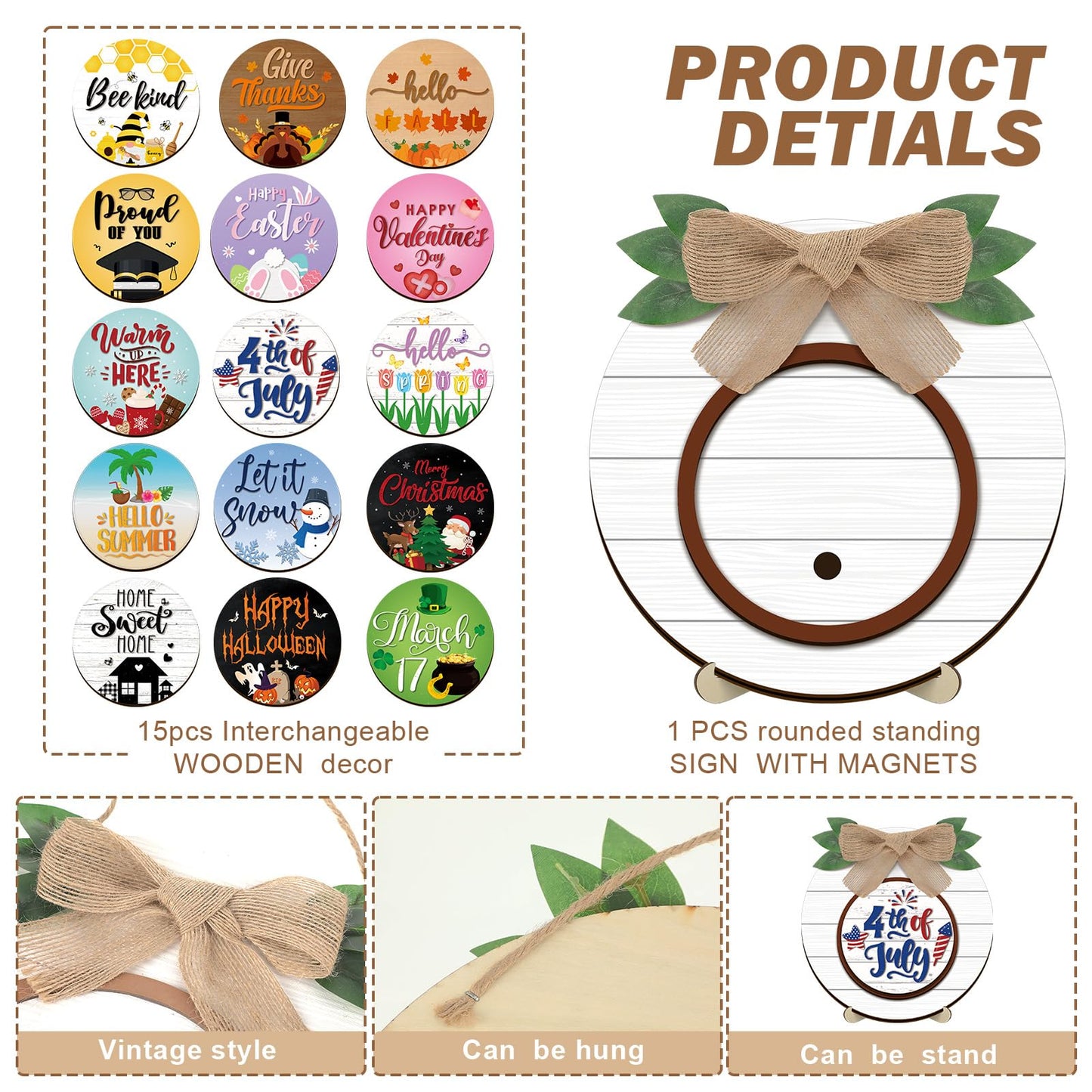 Geetery 17 Pieces Summer Interchangeable Season Sign DIY Holiday Icons Decor with Wooden Easel Round Home Decorative with 15 Seasonal Icons Holiday Sign Set for Tabletop Porch Decoration