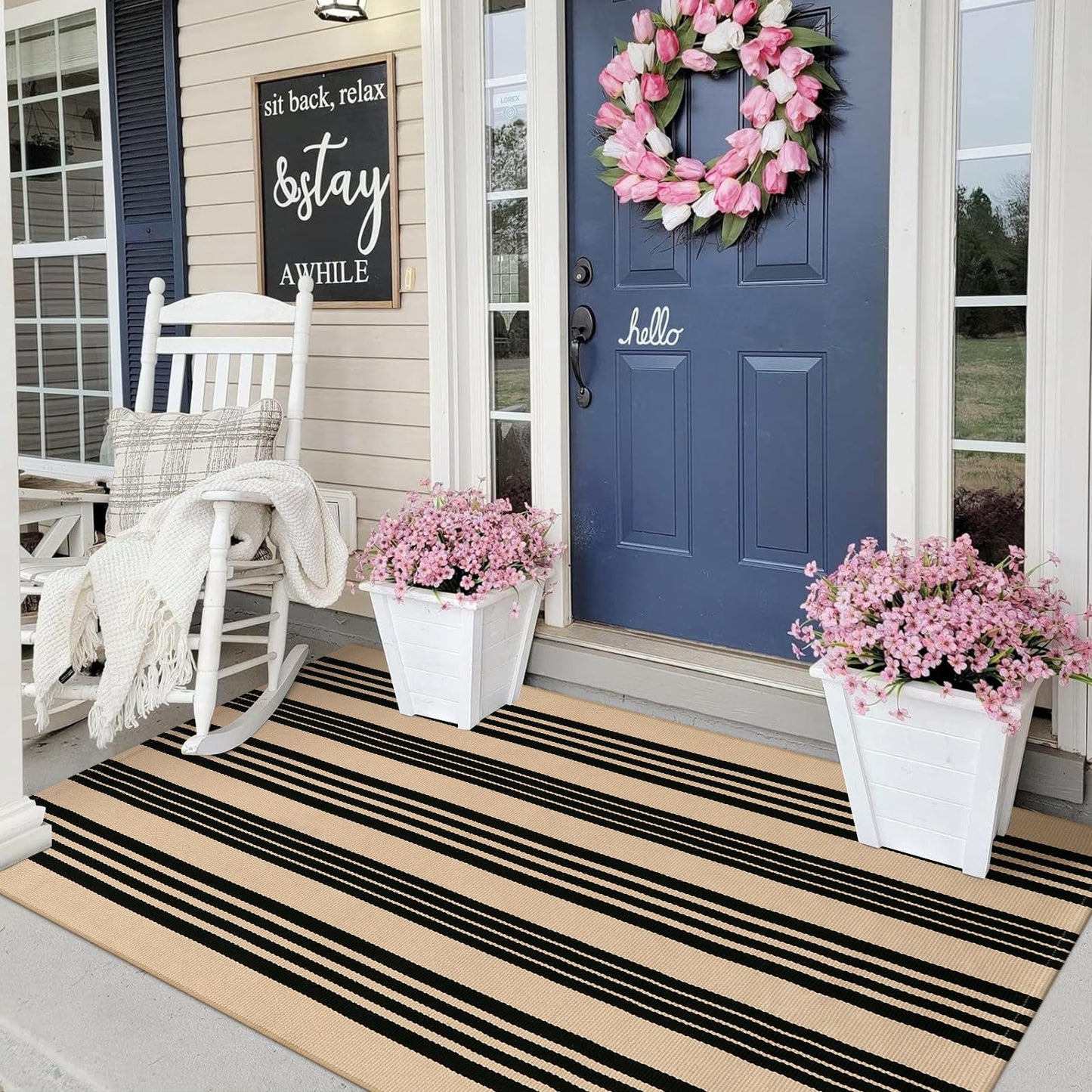 Sungea Black and Khaki Striped Rugs 3x5, Outdoor Cotton Hand Woven Front Door Mat,Washable Reversible Layered Door Mats, Foldable Front Porch Rug for Entryway/Home Entrance/Farmhouse