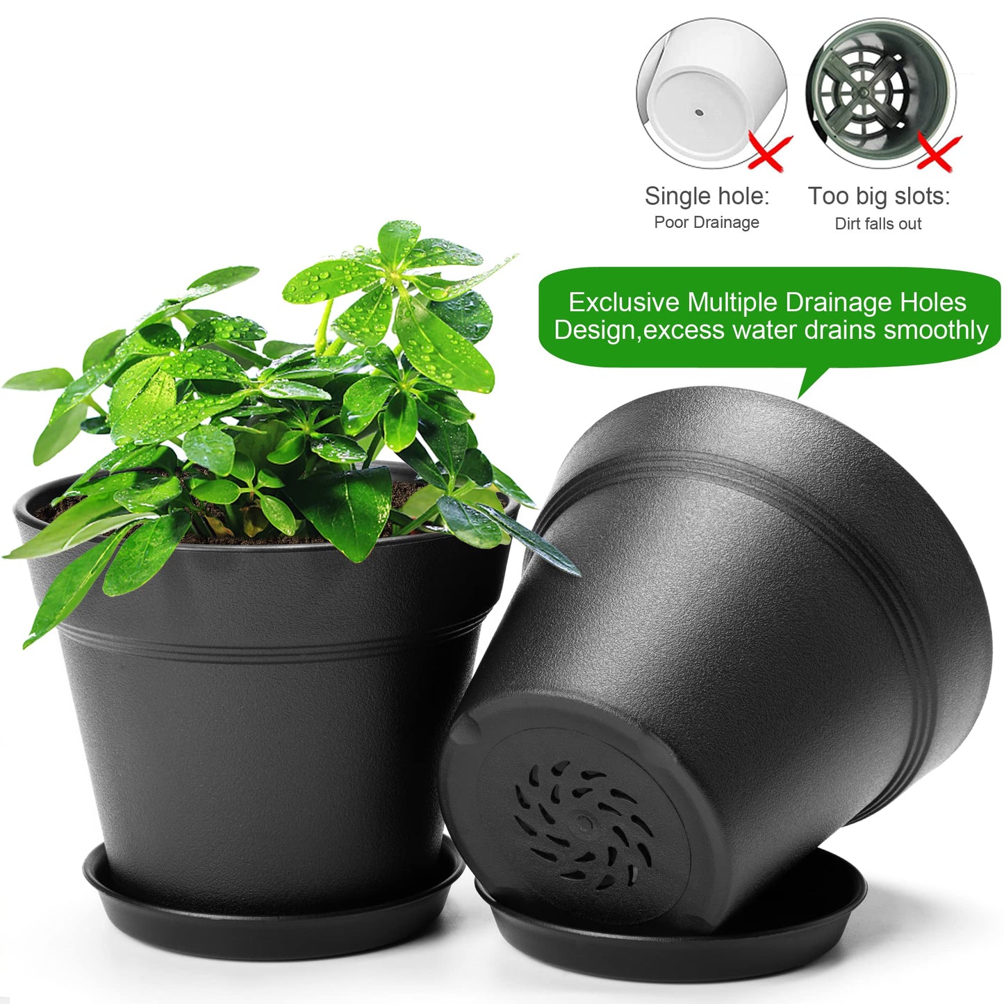 FHWTY 16 Pack Plastic Plant Pots with Drainage Holes and Tray, 4 inch Thickened Indoor Planters Seedlings Nursery Pots for Flowers, African Violet, Succulent and All House Plants, Black