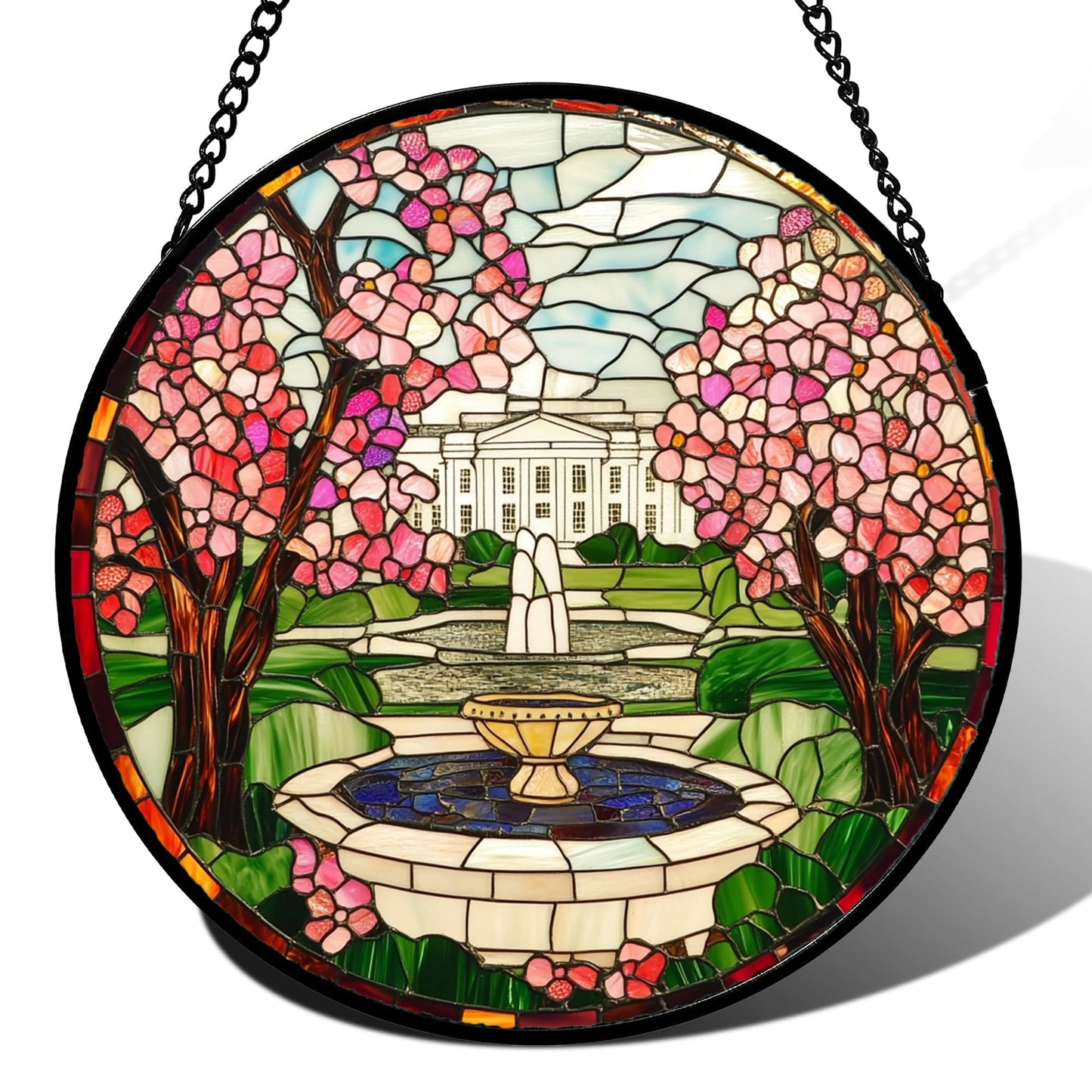CHATYOUNG Stained Glass Window Hanging White House Cherry Blossoms Large 11.8" - Landscape Suncatcher Door Garden Home Decor and Christmas Mother's Day Birthday Gifts Grandma Mom Nana Women Friend