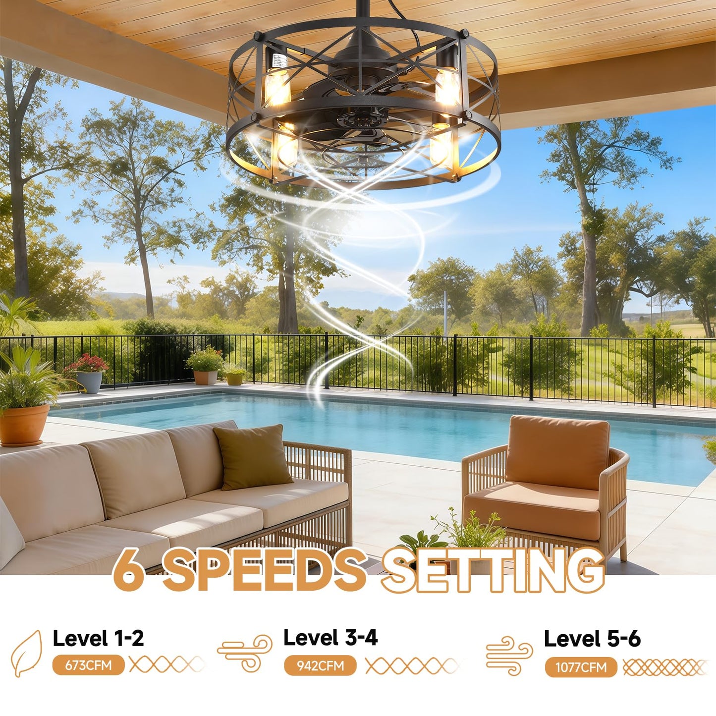 AHAWILL Outdoor Ceiling Fan with Light,20" Gazebo Fan Remote&APP Control,Outdoor Hanging Fan,6 Speeds and Timing,Plug in Caged Ceiling Fan for Patio,Farmhouse,Porch,Pergola.Black