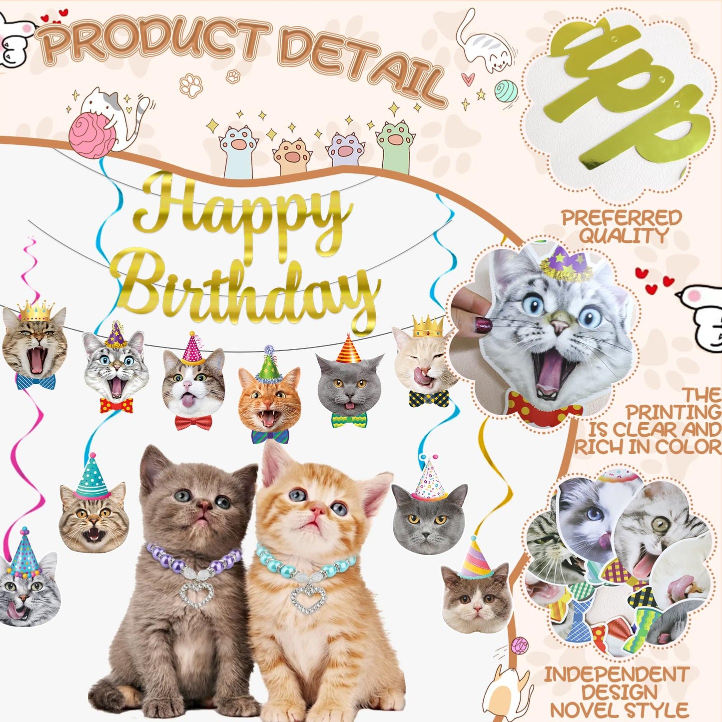 Cat Theme Birthday Party Decorations,Cat Birthday Decoration Happy Birthdays Banners Cats Hanging Cutouts Hanging Swirl Decor