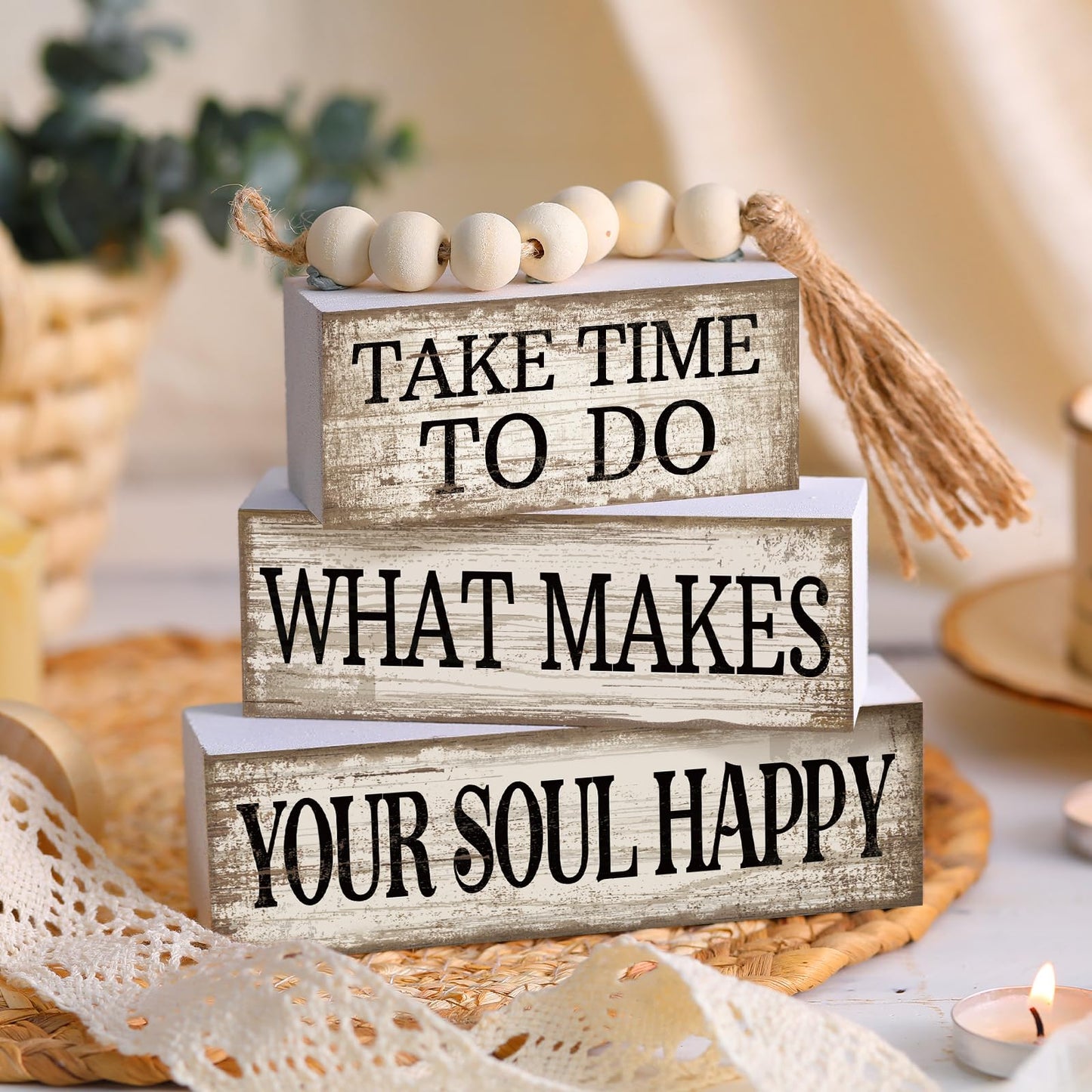 Yuntau 4 Pcs Farmhouse Tabletop Decoration Inspirational Farmhouse Tiered Tray Decor Rustic Retro Wood Bead Garland Take Time to Do What Makes Your Soul Happy Block Centerpiece Sign for Home Shelf