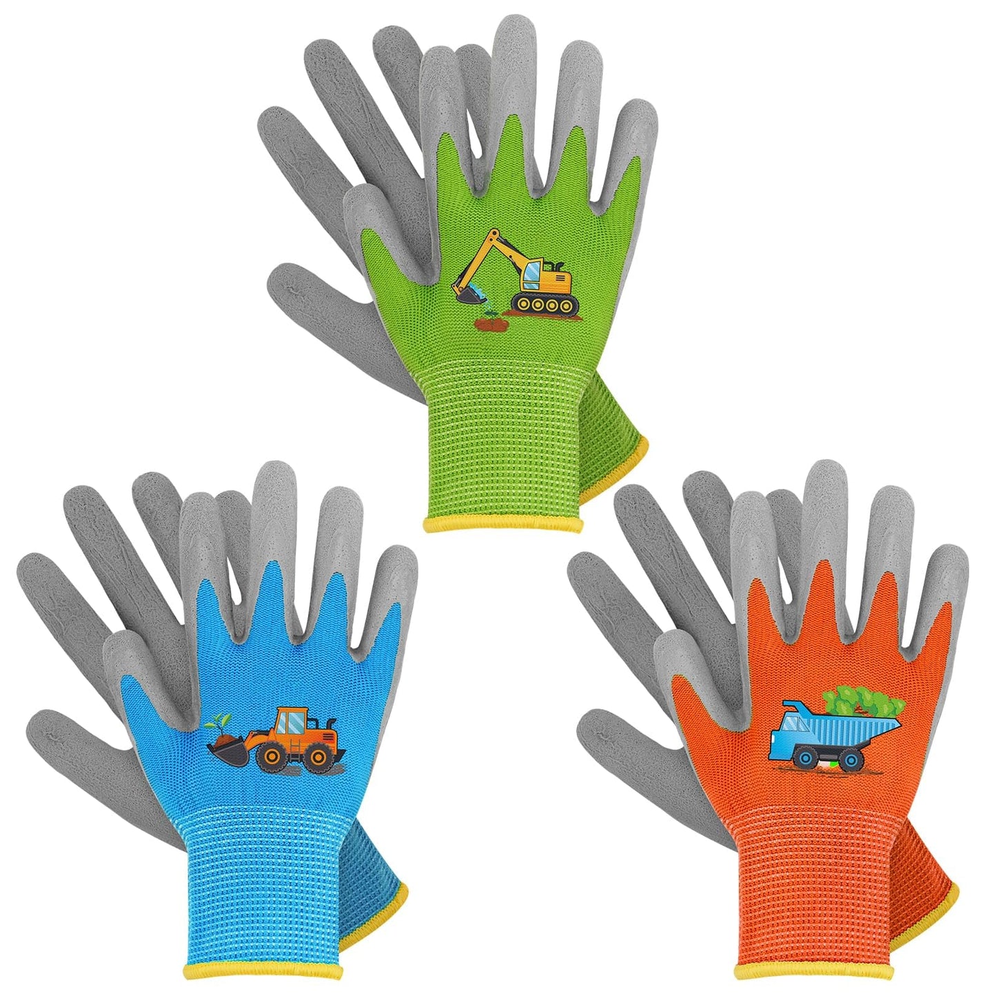 WAWSAM Kids Gardening Gloves 3 Pairs Toddlers Rubber Coated Work Gloves Children Garden Gloves Thorn Proof Heavy Duty (Blue & Green & Orang(Truck), Medium (Age 5-7))