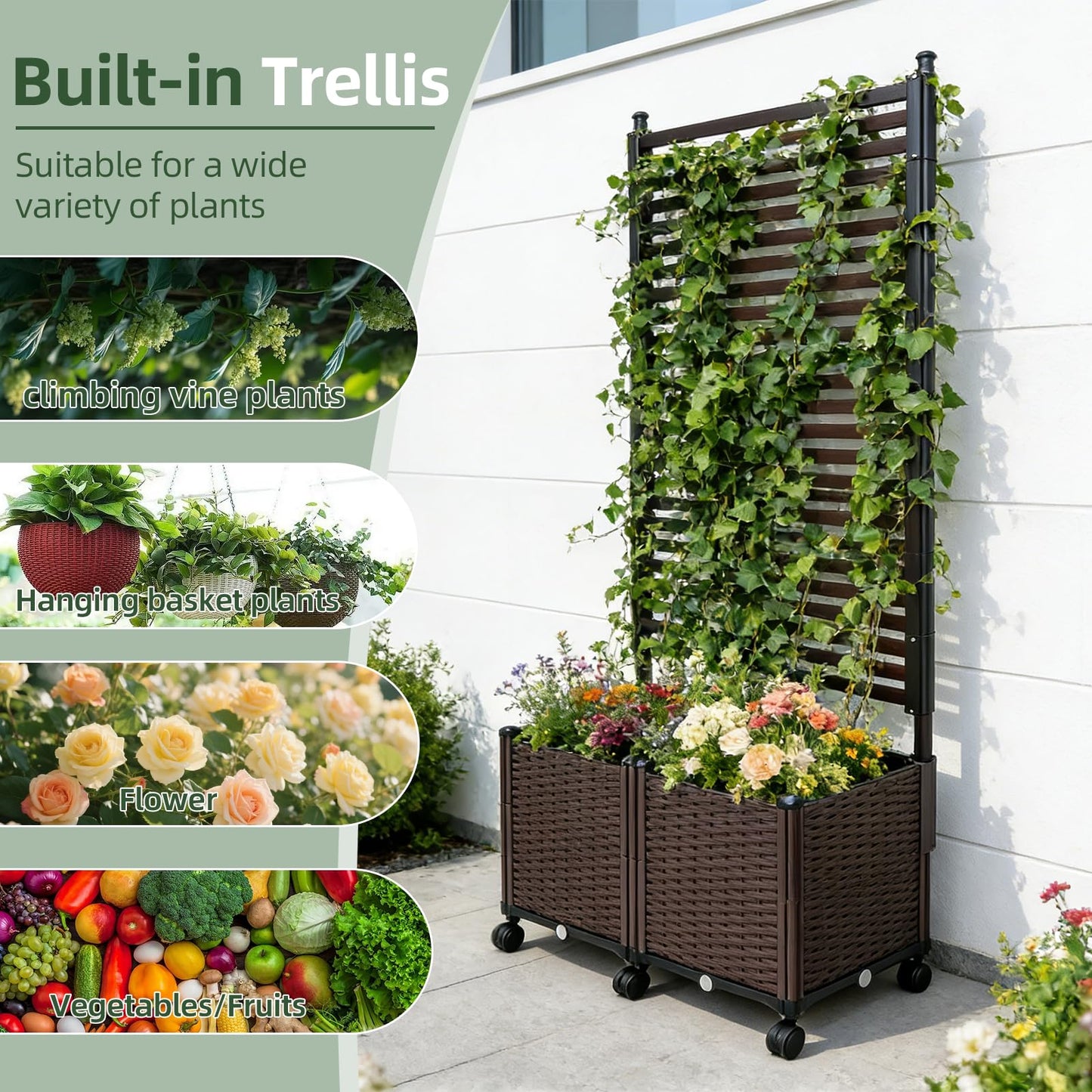 BorealBear Privacy Screen with Resin Wicker Planter Box, 67" Slatted Steel Raised Garden Bed with Trellis, Lockable Wheels, Outdoor Climbing Plants, Patio, Balcony and Yard