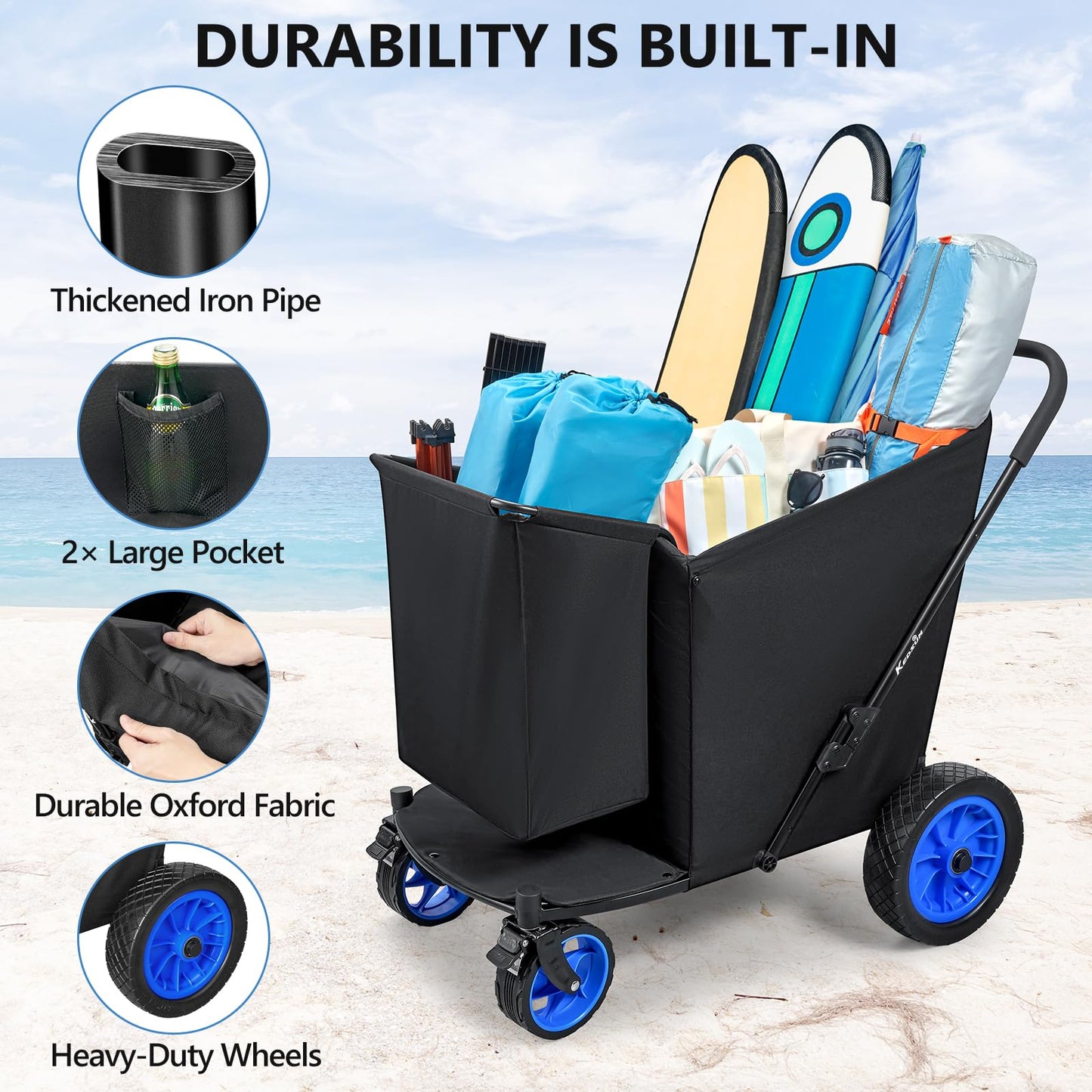 KEDSUM 11.3 Cu.Ft. 400LBS Large Capacity Beach Wagon with Big Wheels for Sand, 12" Rubber Wheels Beach Cart, Heacy Duty Collapsible Wagon for Sand, One-Click Foldable