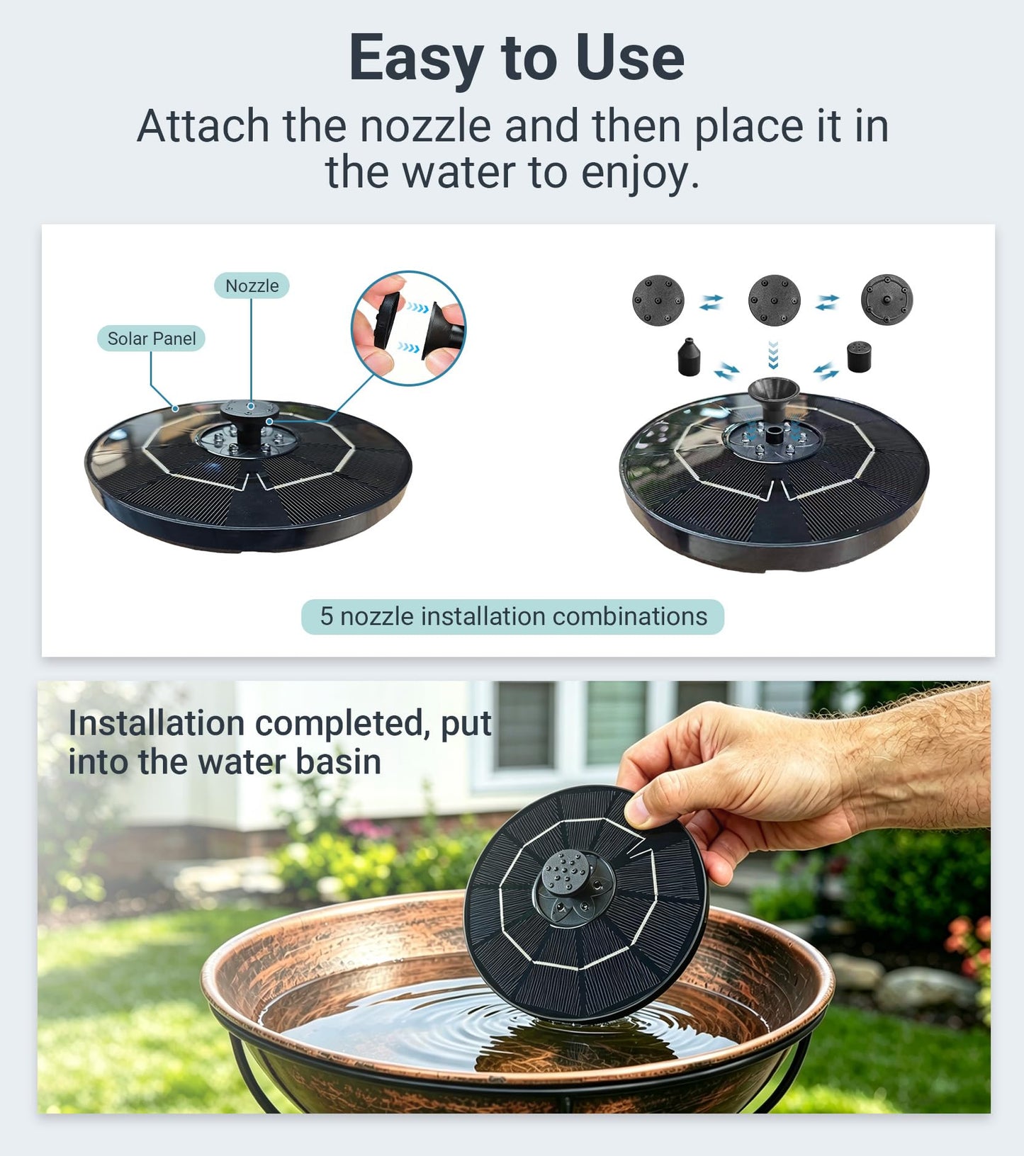OUISJYER Solar Bird Bath Fountain with LED Lights – 6.3" Floating Solar Fountain Pump with Battery Backup | 9V/2W Powerful Water Spray, 5 Nozzles, for Bird Bath, Pond, Garden & Outdoor Decor