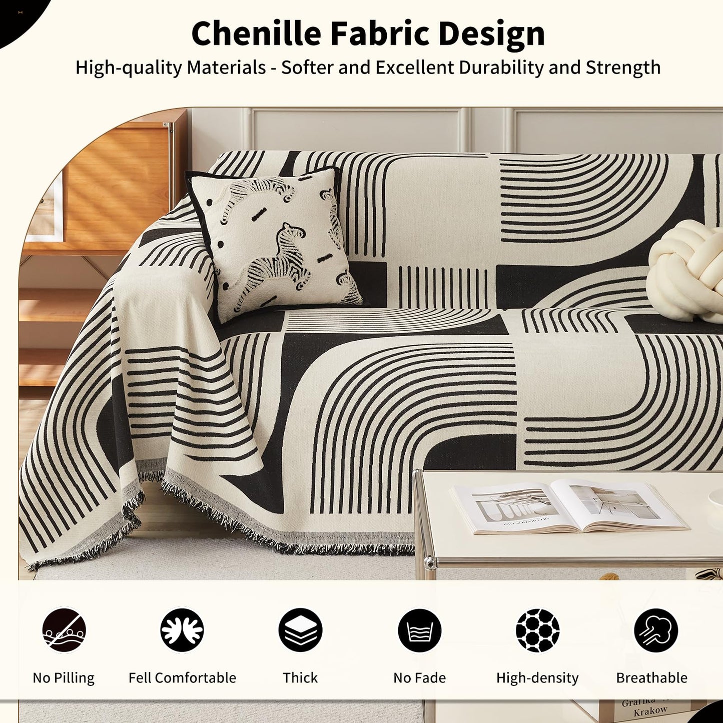 WEYOND Boho Couch Cover Sofa Covers Washable, Chenille Couch Covers for 3 Cushion Couch Sofa Pet Friendly, Bohemian Sofa Slipcovers for Sectional Sofa, Loveseat, 2 3 4 Seater (71" x 150", Black)