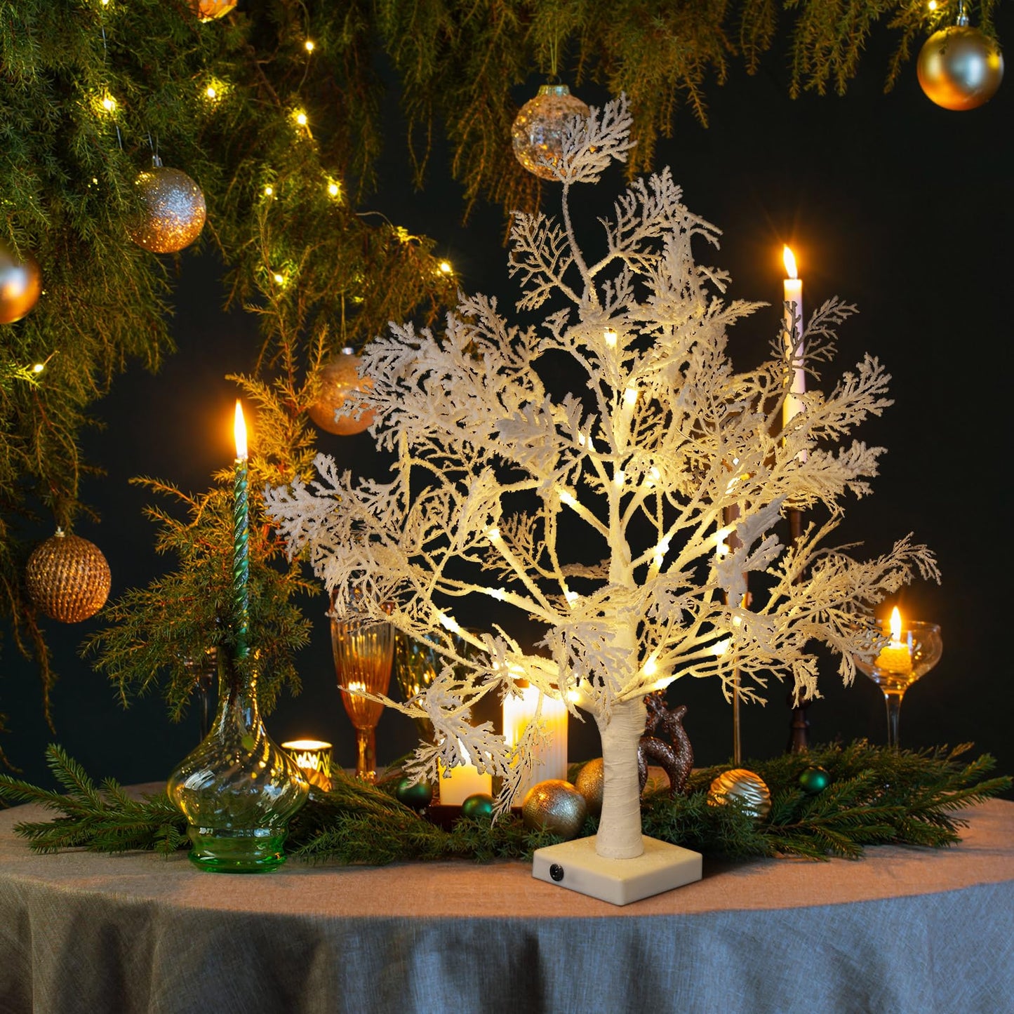 Quzzil 2 Pack Flocked Lights Christmas Tree Tabletop Decoration 24 Inch Artificial Small White Christmas Snow Birch Tree Frost Battery Powered/USB Table Centerpiece for Indoor Mantel Holiday Decor