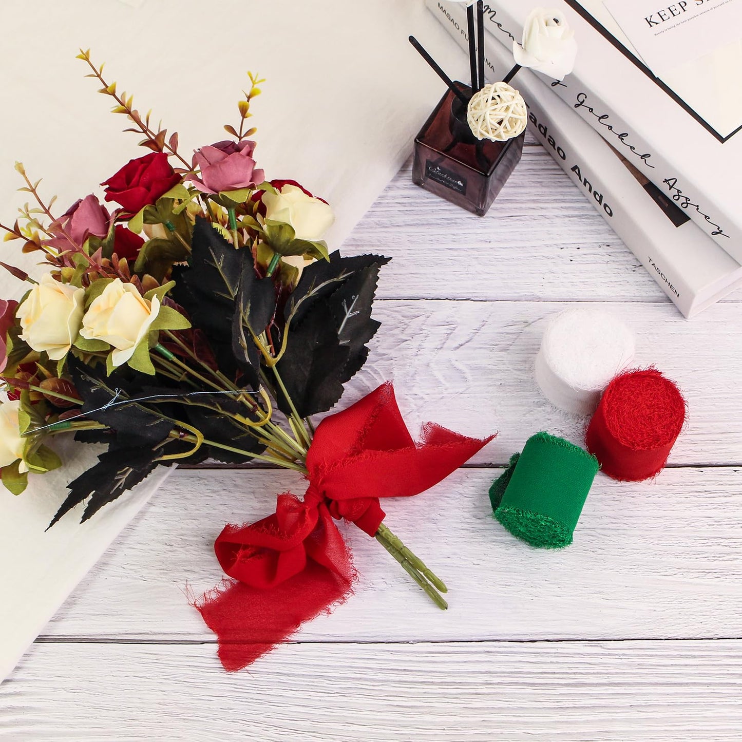 3 Rolls Christmas Chiffon Ribbon 1.5" X 7yd, Handmade Fringe Chiffon Silk Ribbon Red Green White Ribbons Set for Gifts Wrapping, Wedding Invitations, Bridal Bouquets, DIY Crafts, Christmas